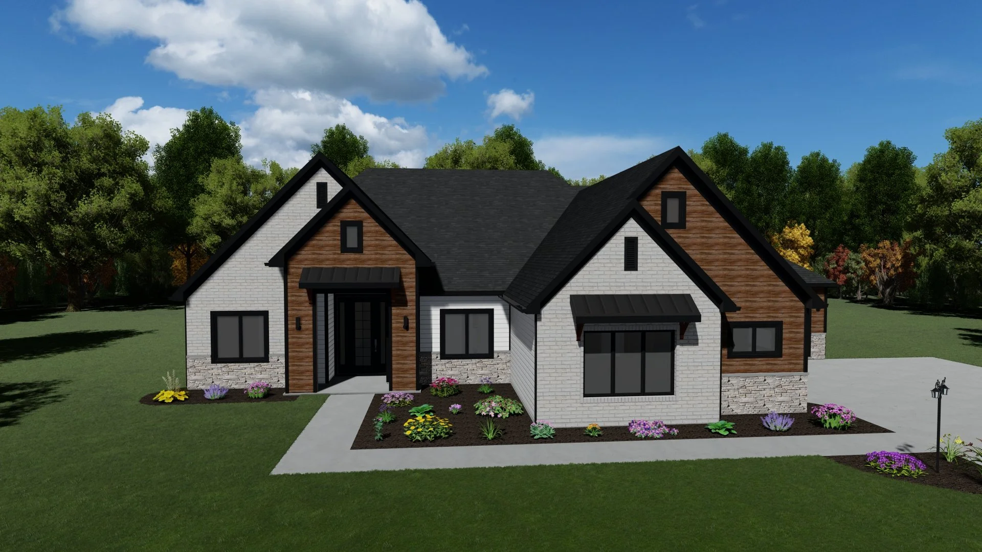 A modern two-story house with white and wooden exterior, black roof, front porch, and landscaped front yard with flowers and lawn, surrounded by trees under a partly cloudy sky.