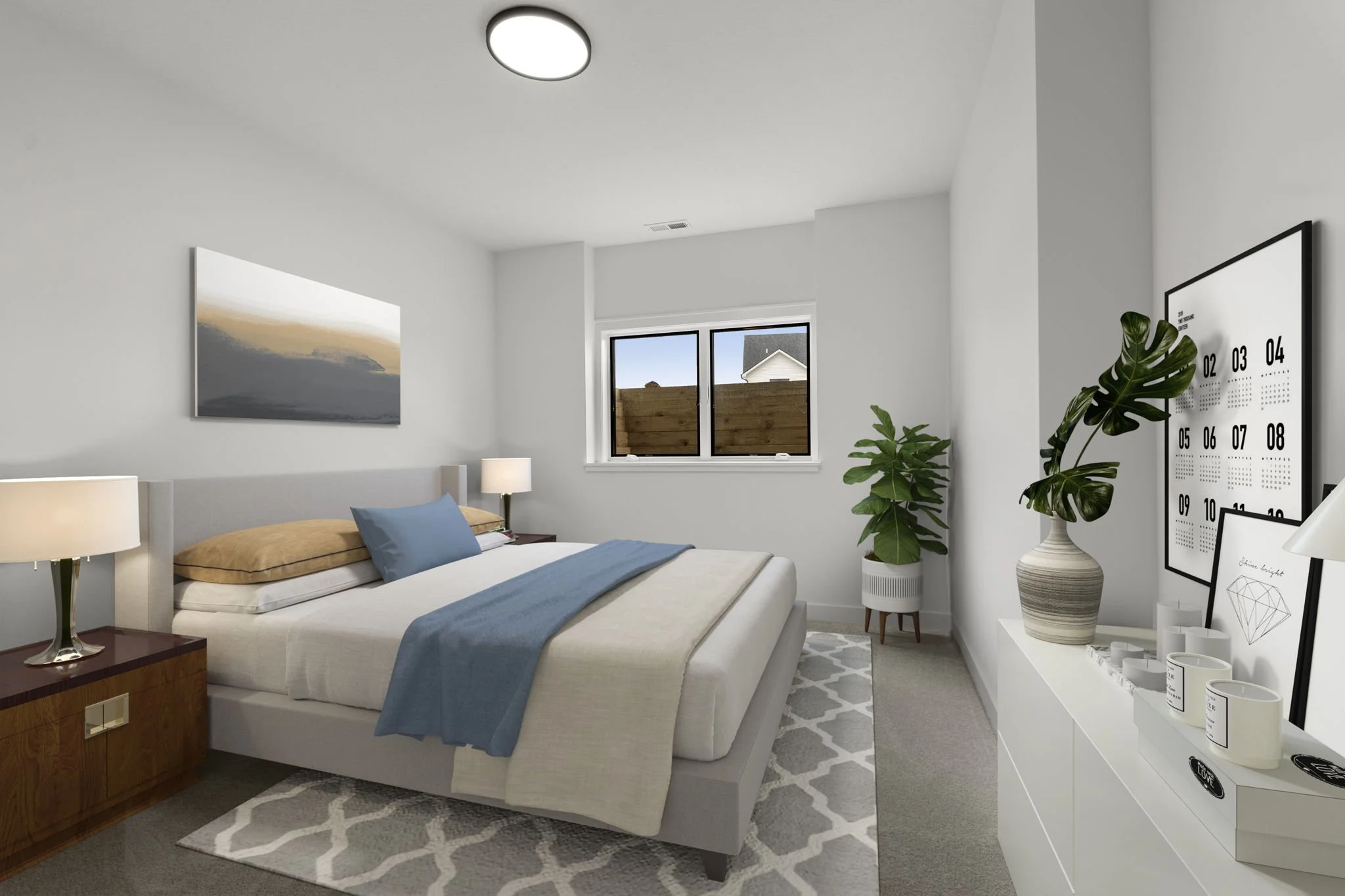 A modern, minimalist bedroom with a white bed, blue and brown pillows, beige and blue bedding, two bedside lamps, a window with a wooden fence outside, a potted plant, and wall art including a framed picture and a calendar with a white dresser.