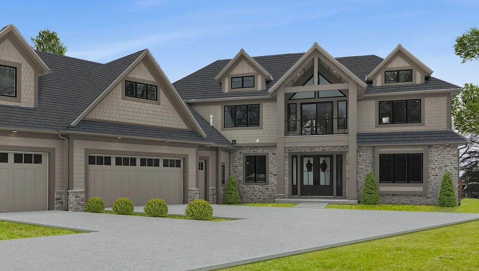 Modern two-story house with stone and siding exterior, black framed windows, and a three-car garage, surrounded by a paved driveway, manicured lawn, and small bushes.