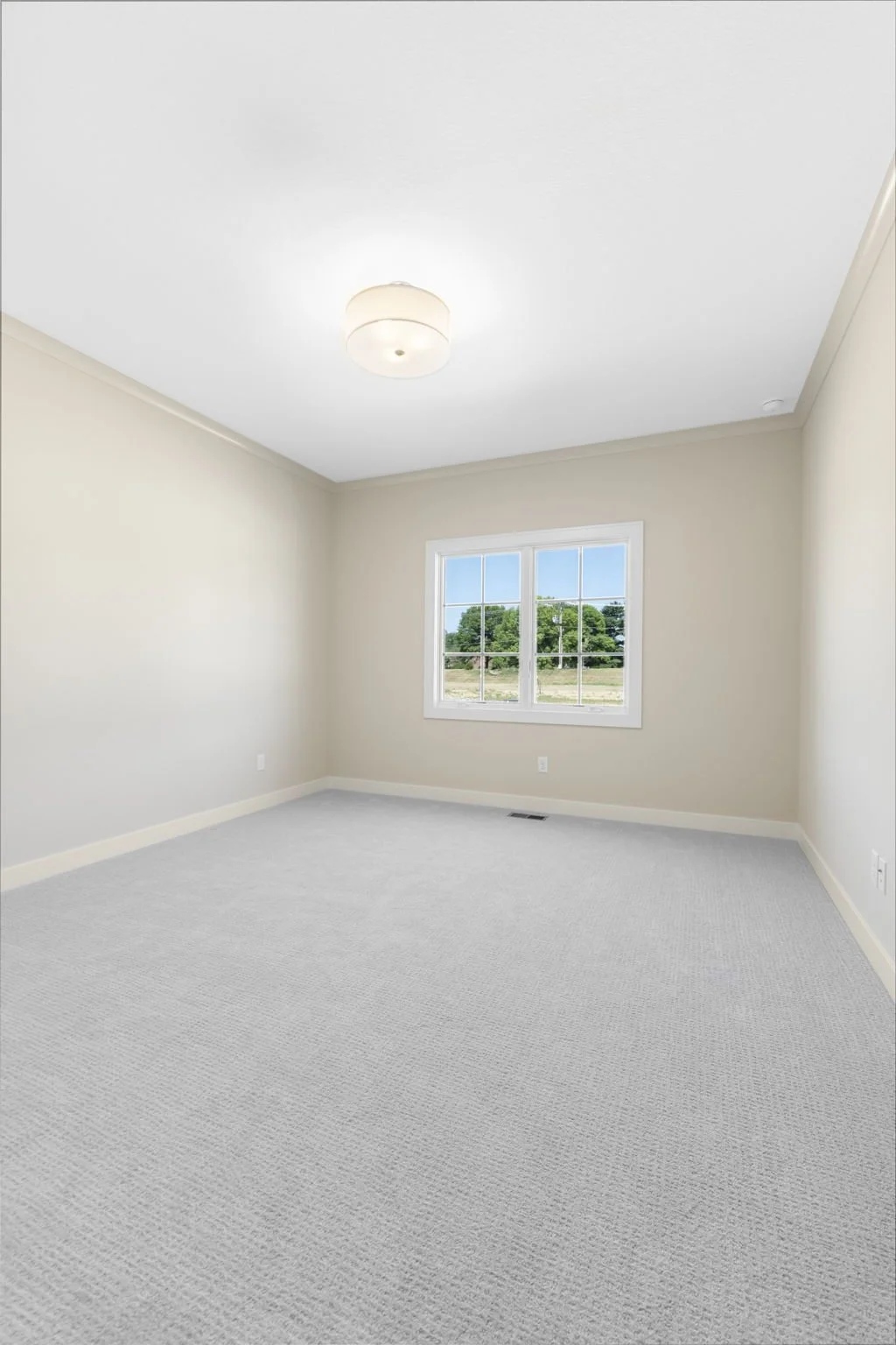 Empty beige room with carpeted floor, single window showing outdoor view of trees and blue sky, ceiling light fixture.