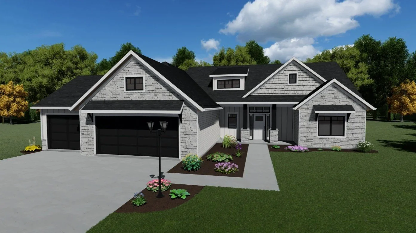 A modern two-story house with gray brick and siding exterior, black garage doors, and a landscaped front yard with flowers and a walkway.
