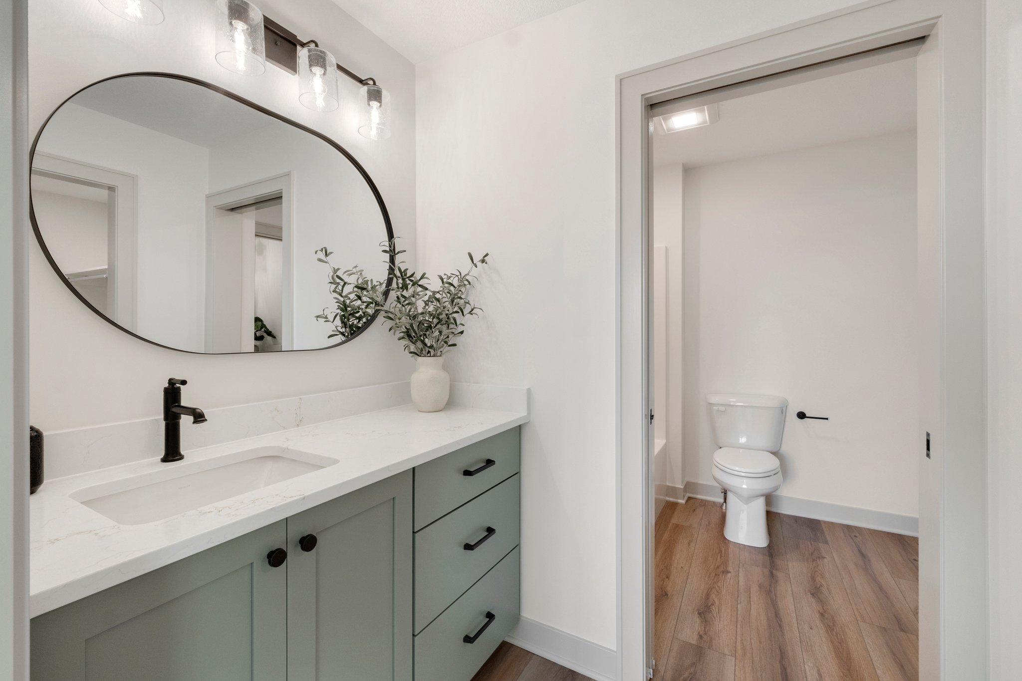 Bathroom with vanity and mirror, decorative vase with greenery, and toilet in a separate room.