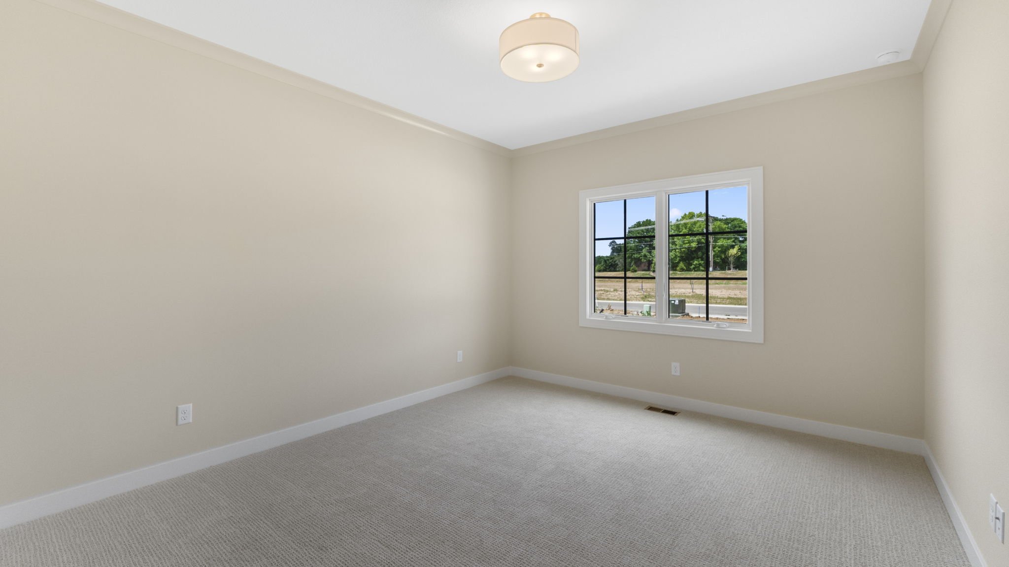 Empty room with beige carpet, cream walls, a window showing trees and a field outside, and a ceiling light fixture.