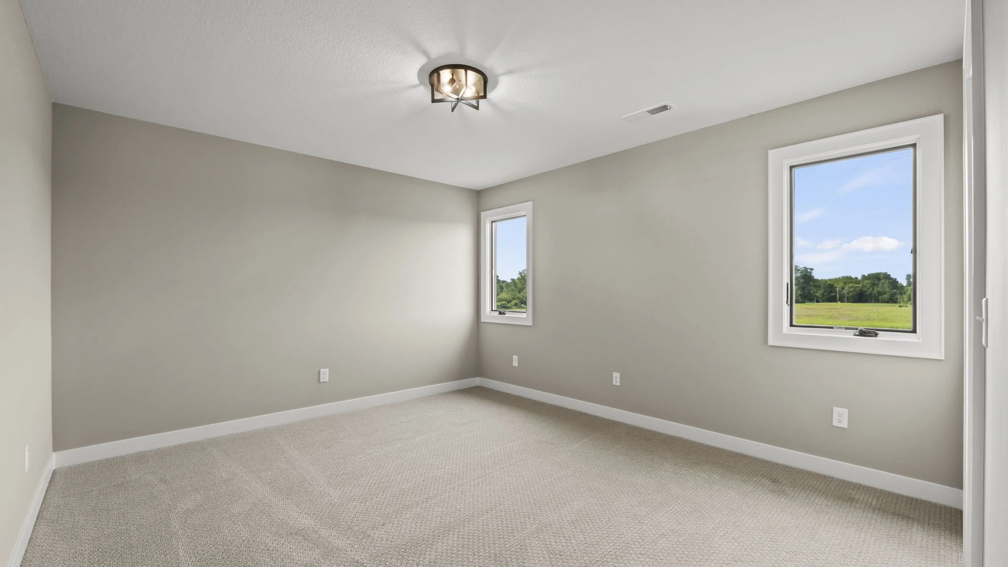 Empty room with beige carpet, light gray walls, two windows showing a green field and blue sky, and a ceiling light fixture.