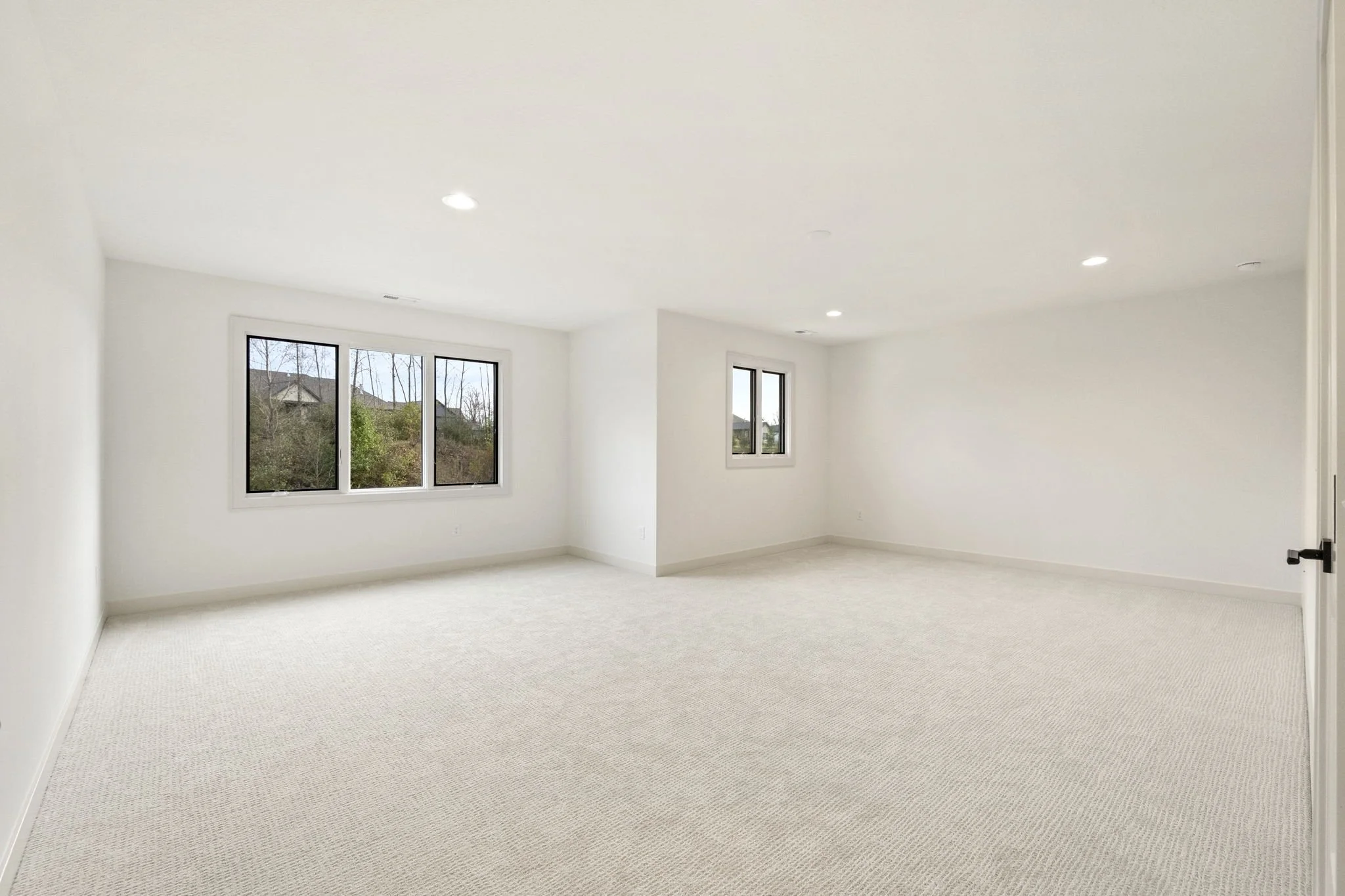 Empty white room with beige carpet and two large windows showing outdoor trees and houses.