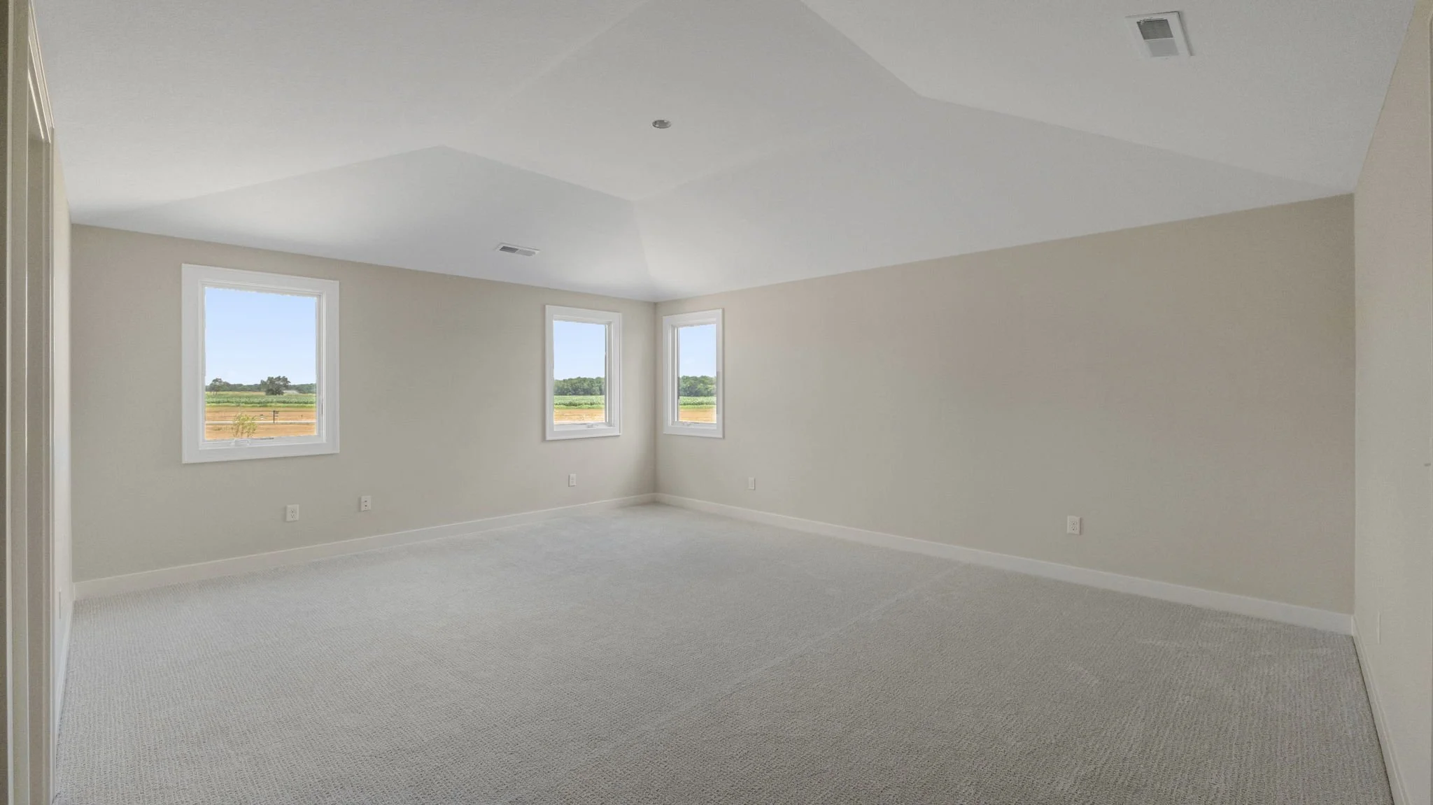 Empty room with beige walls, white trim, three windows showing an outdoor landscape, and light-colored carpet.