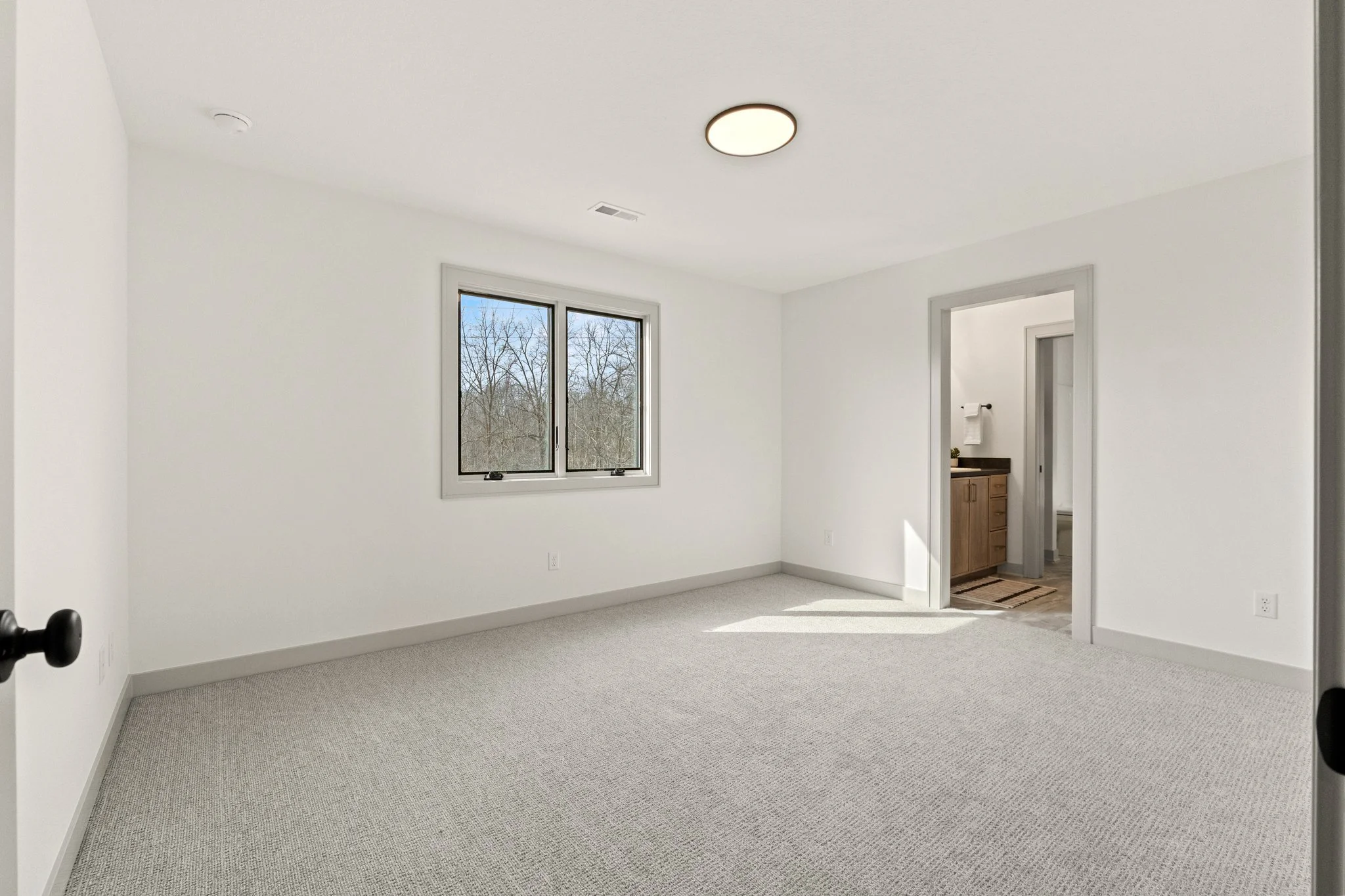 Empty room with white walls, beige carpet, and a window showing trees outside. A doorway leads to a bathroom with a vanity and towel hanger.