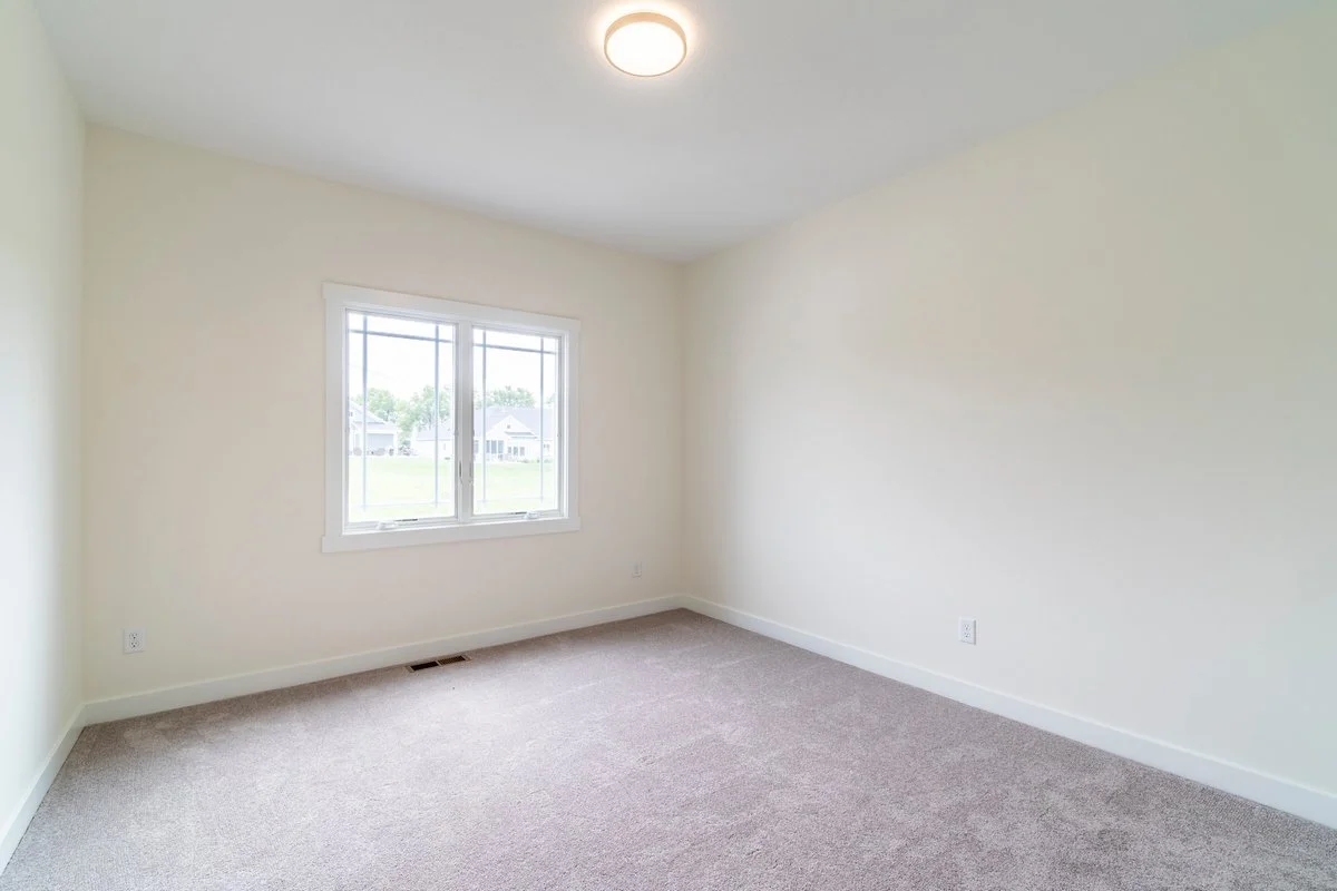 Empty room with beige carpet, white walls, a window, and a ceiling light.