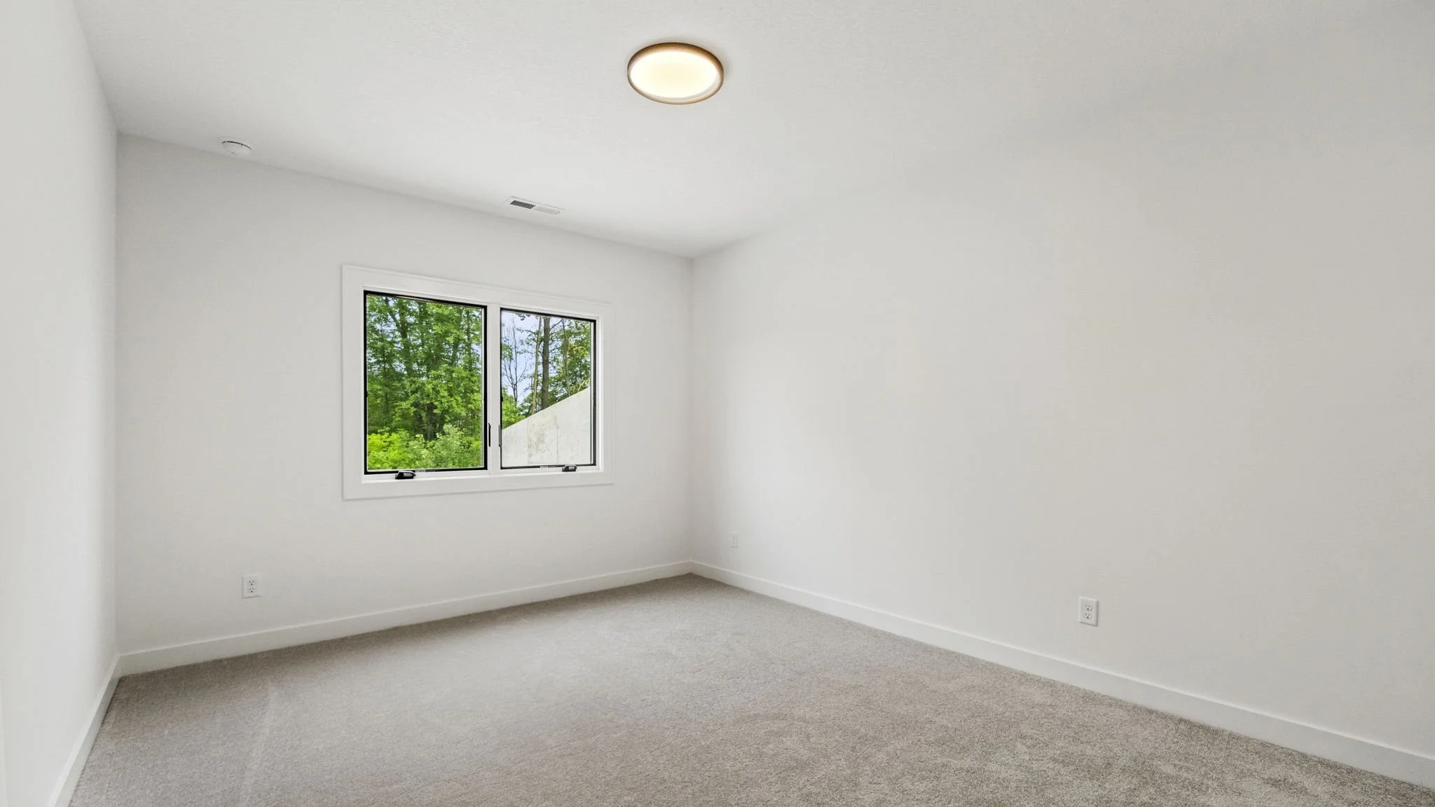 Empty white room with beige carpet, single window showing green trees outside, centered ceiling light, and electrical outlets on walls.