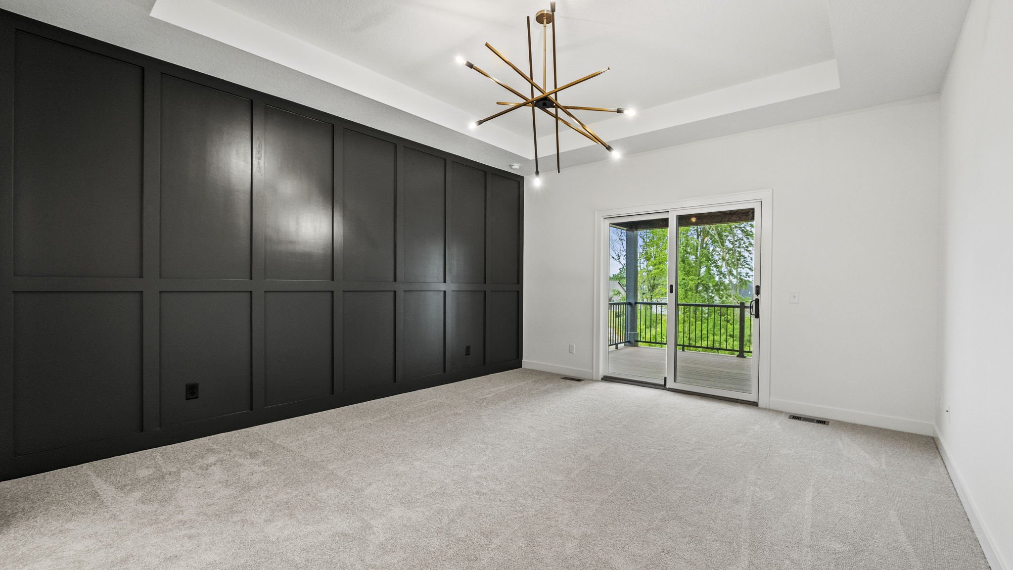 Empty room with black paneled wall, sliding glass door leading to a balcony with green trees outside, ceiling light fixture, light-colored carpet, and white walls.