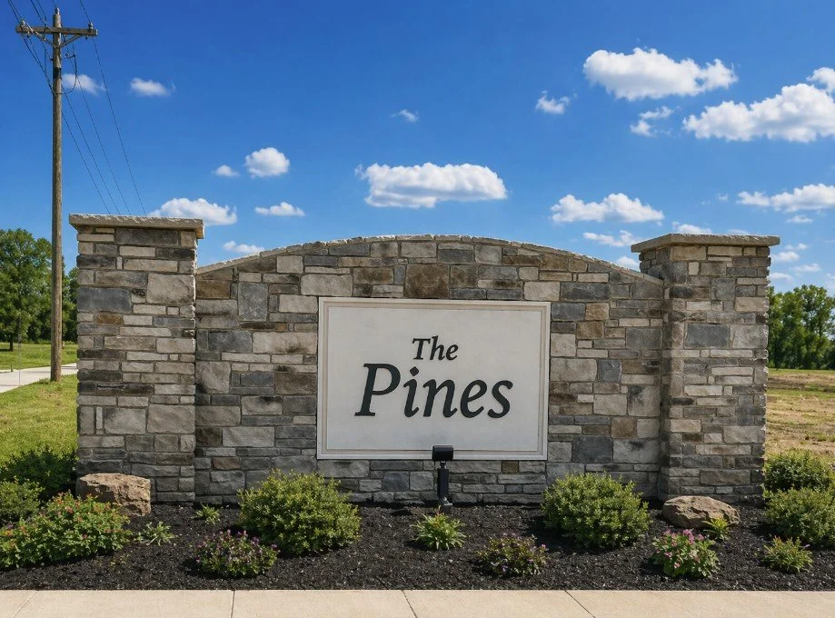 A stone sign with the words 'The Pines' in black letters on a white background, surrounded by landscaping with small bushes and flowers, set against a blue sky with clouds.
