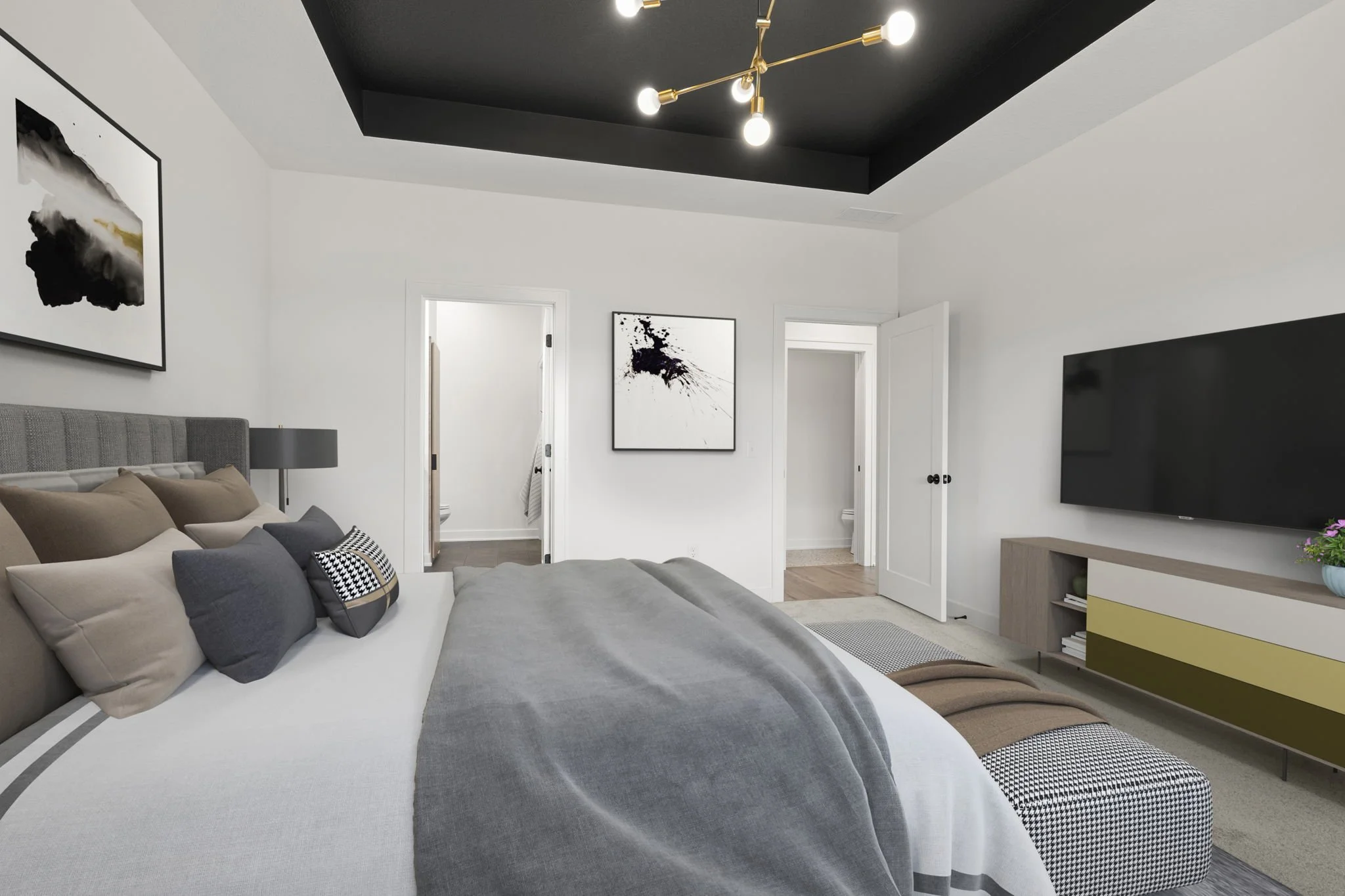 Modern bedroom with a bed, abstract wall art, a flat-screen TV, and a ceiling light fixture.