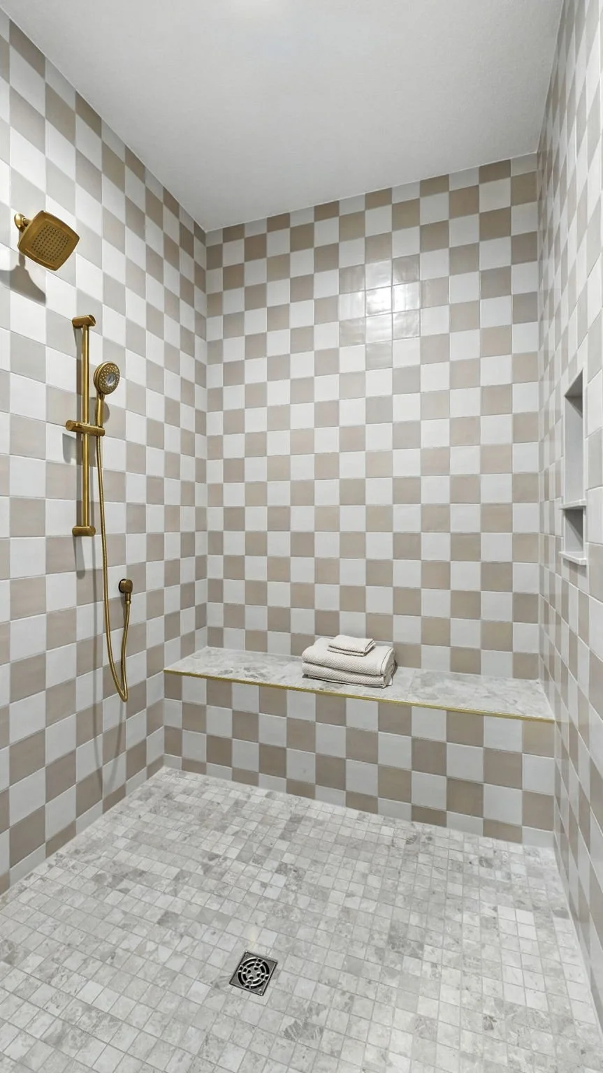 Bathroom with beige and white checkered tiled walls, marble tiled bench, folded towels on the bench, and a gold shower head with controls.