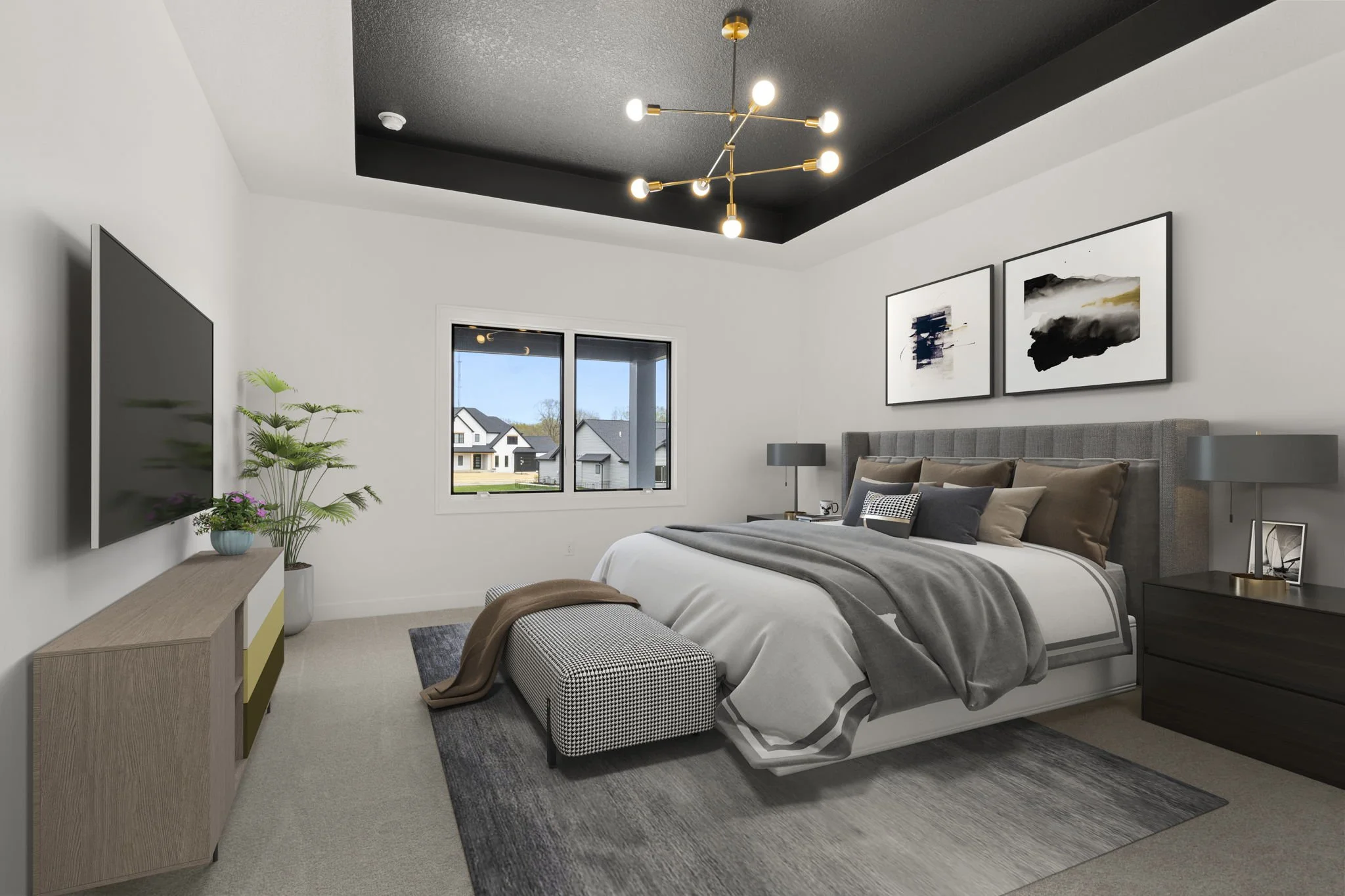 Modern bedroom with a bed, gray and beige bedding, two gray nightstands with lamps, abstract wall art, a large window, a potted plant, a flat-screen TV, and a ceiling light fixture with multiple bulbs.