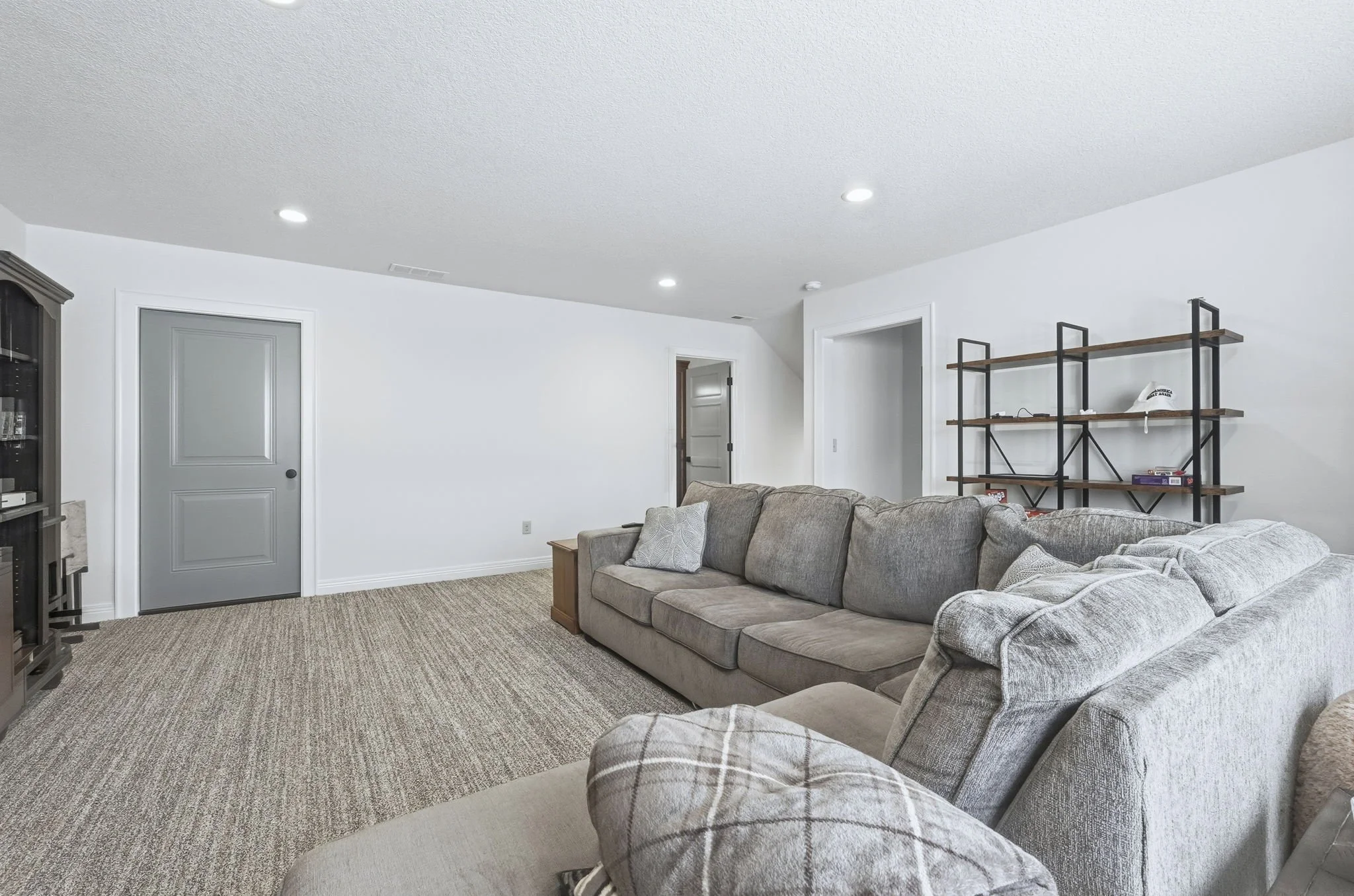 Living room with beige sofa, white walls, gray door, black metal shelf with wooden shelves, and carpeted floor.