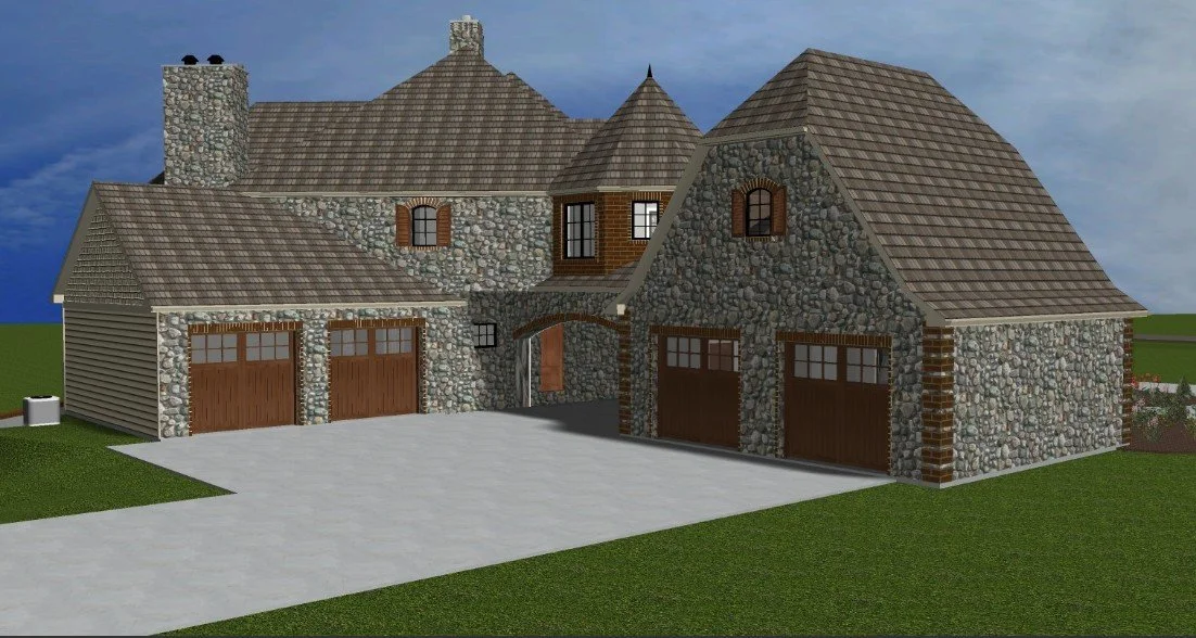 A stone and wood house with multiple gabled roofs, a driveway, and garage doors.