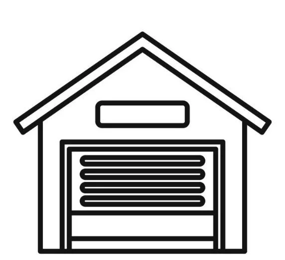 Line drawing of a garage with a gabled roof, a rectangular sign above the door, and a closed garage door.