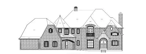 Line drawing of a large, multi-story house with a steep and complex roof, multiple windows, and brick and stone exterior elements.