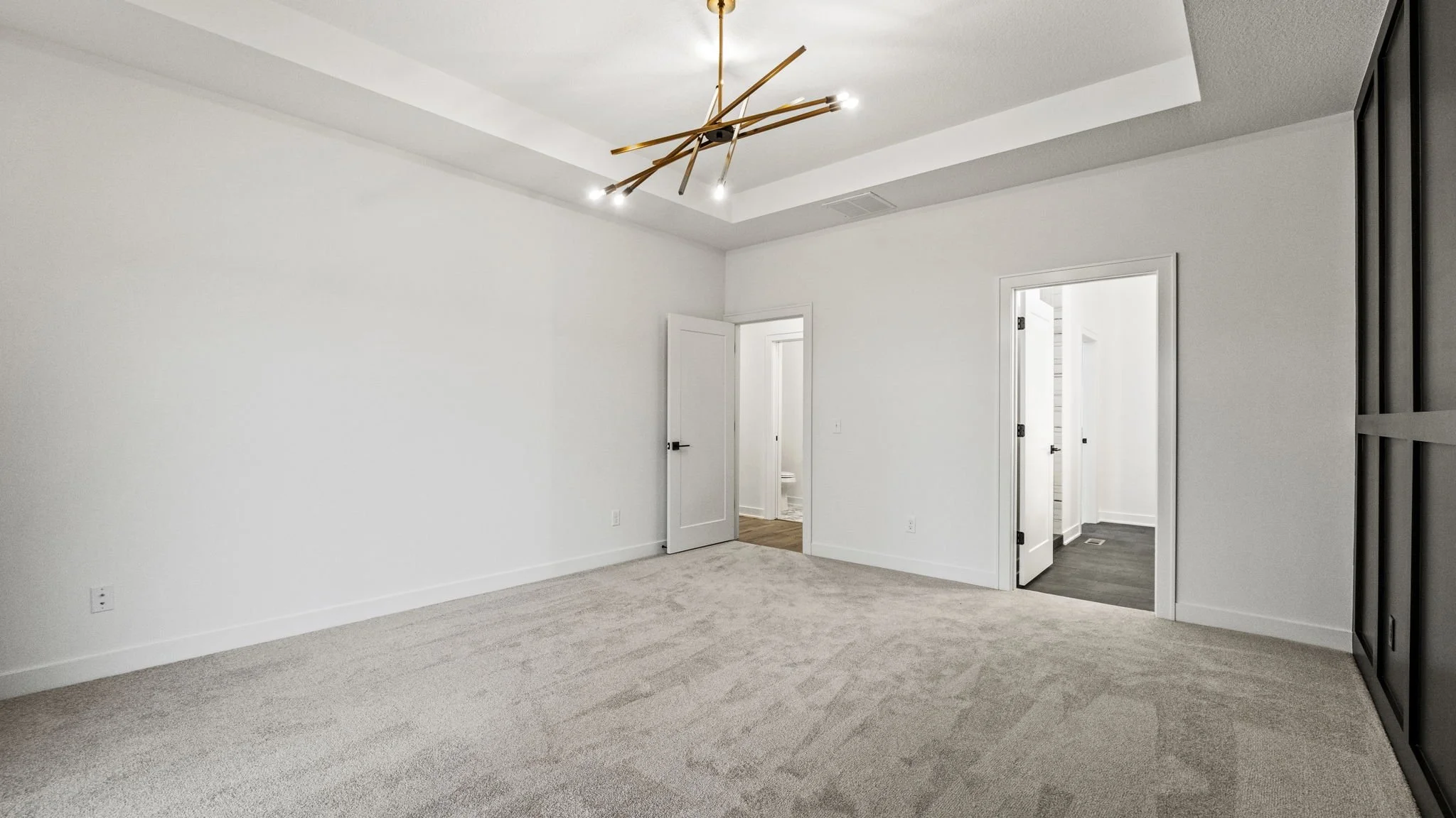 Empty bedroom with white walls, beige carpet, a black closet, ceiling light fixture, and two open doors leading to other rooms.