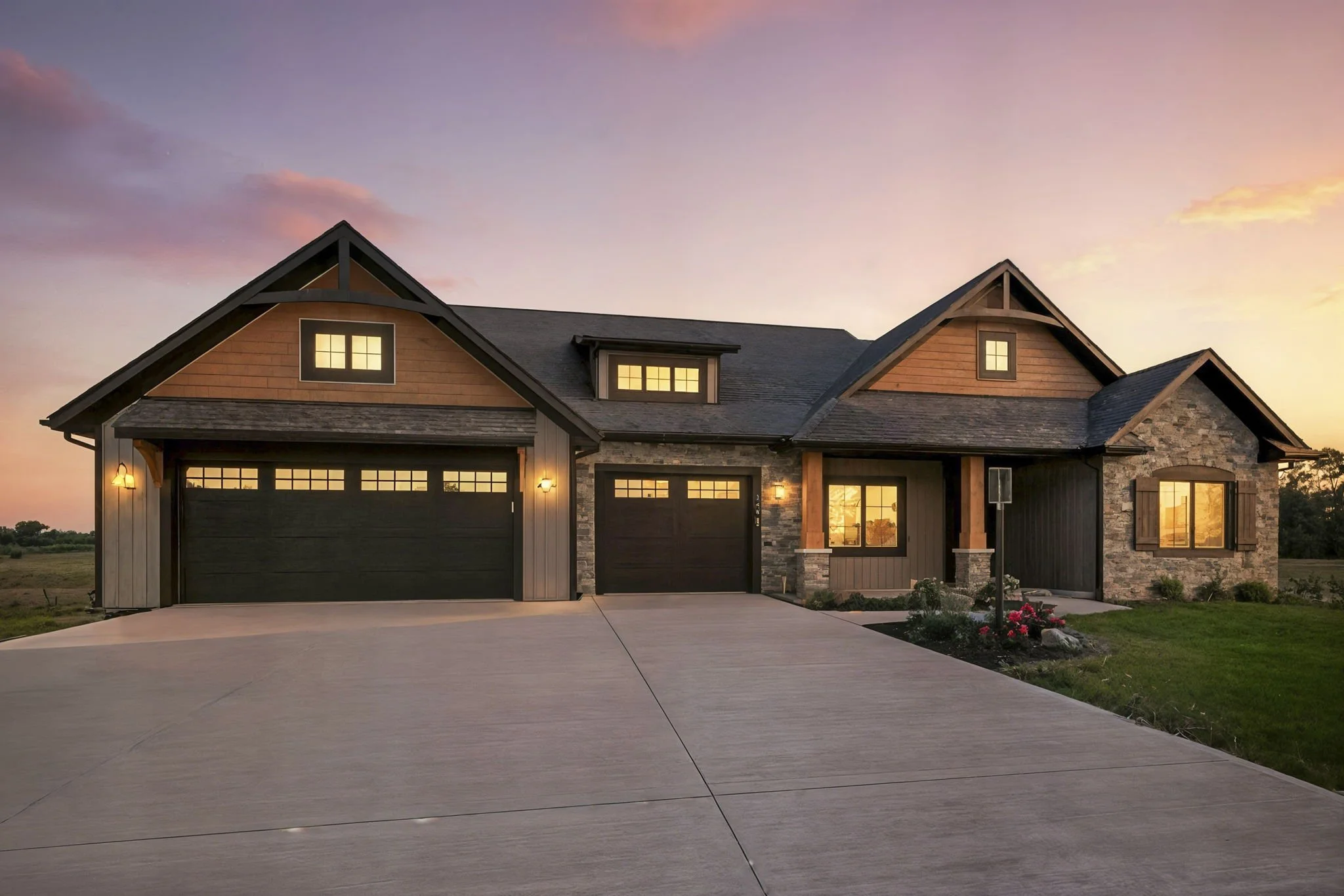 A modern house with a three-car garage, stone and wood exterior, and a landscaped front yard at sunset.