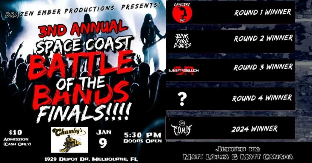 Event poster for the 3rd Annual Space Coast Battle of the Bands Final, featuring a black and white background with silhouettes of a live music concert, band logos, and event details including date, time, location, and judges.