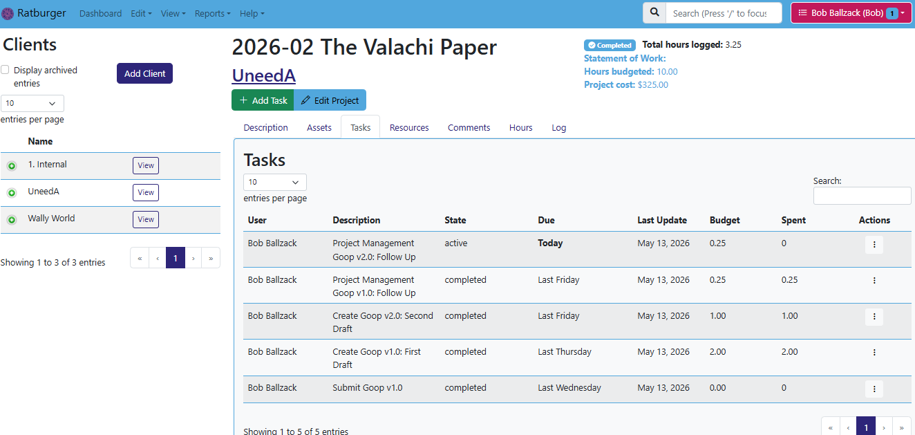 The Hibiscus project view, showing the task list