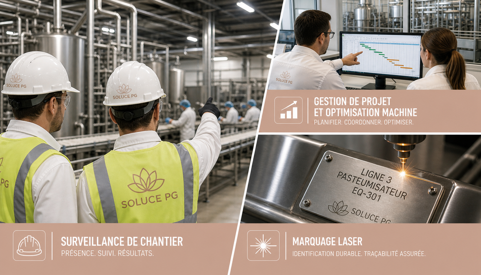 Une photo hybride divisé en deux parties : à gauche, des ingénieurs ou ouvriers portant des casques blancs et gilets fluorescent avec le logo SOLUCE PG, dans une usine ou un site industriel. À droite, deux personnes en blouse examinant un graphique sur un moniteur d'ordinateur, dans un environnement d'usine. En bas à gauche, une icône de casque de chantier avec le texte « SURVEILLANCE DE CHANTIER ». En bas à droite, une icône de laser avec le texte « MARQUAGE LASER ».