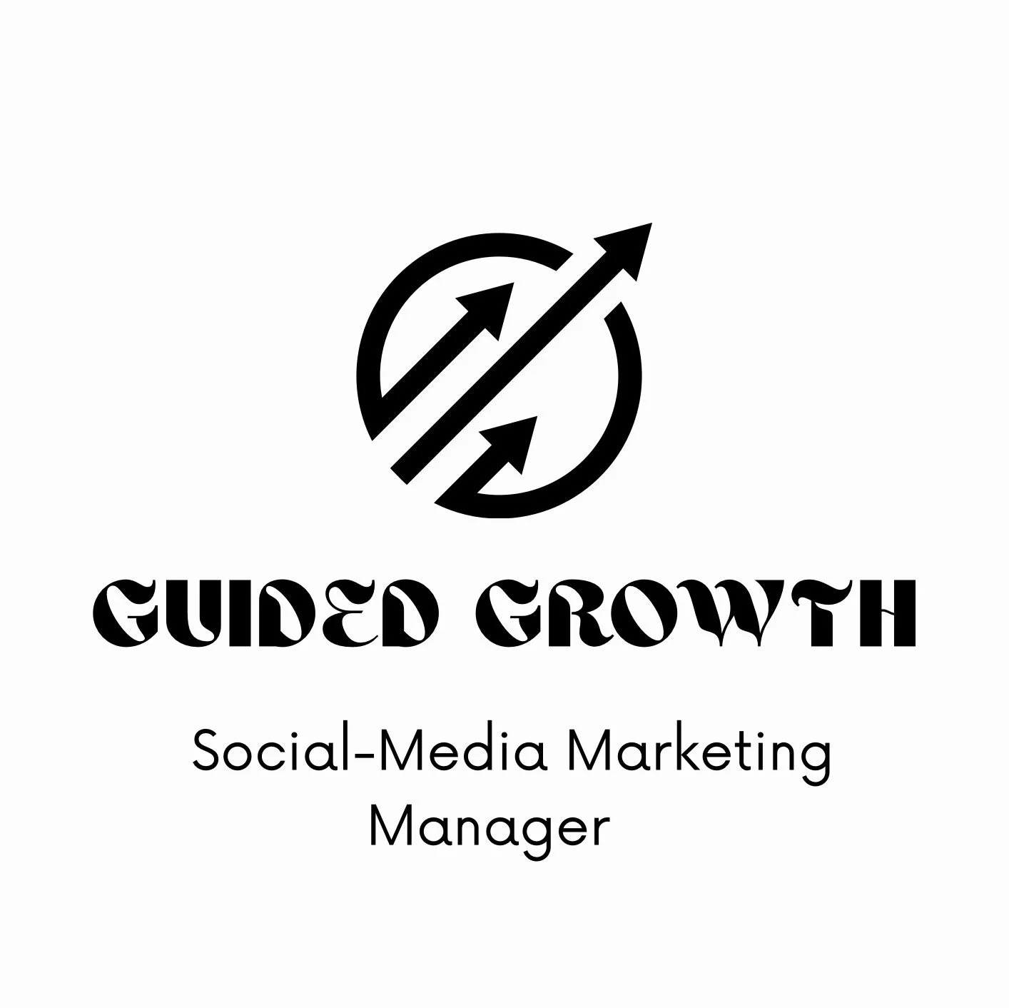 Logo with upward trending arrows and circles above the text "Guided Growth" and the subtitle "Social-Media Marketing Manager."
