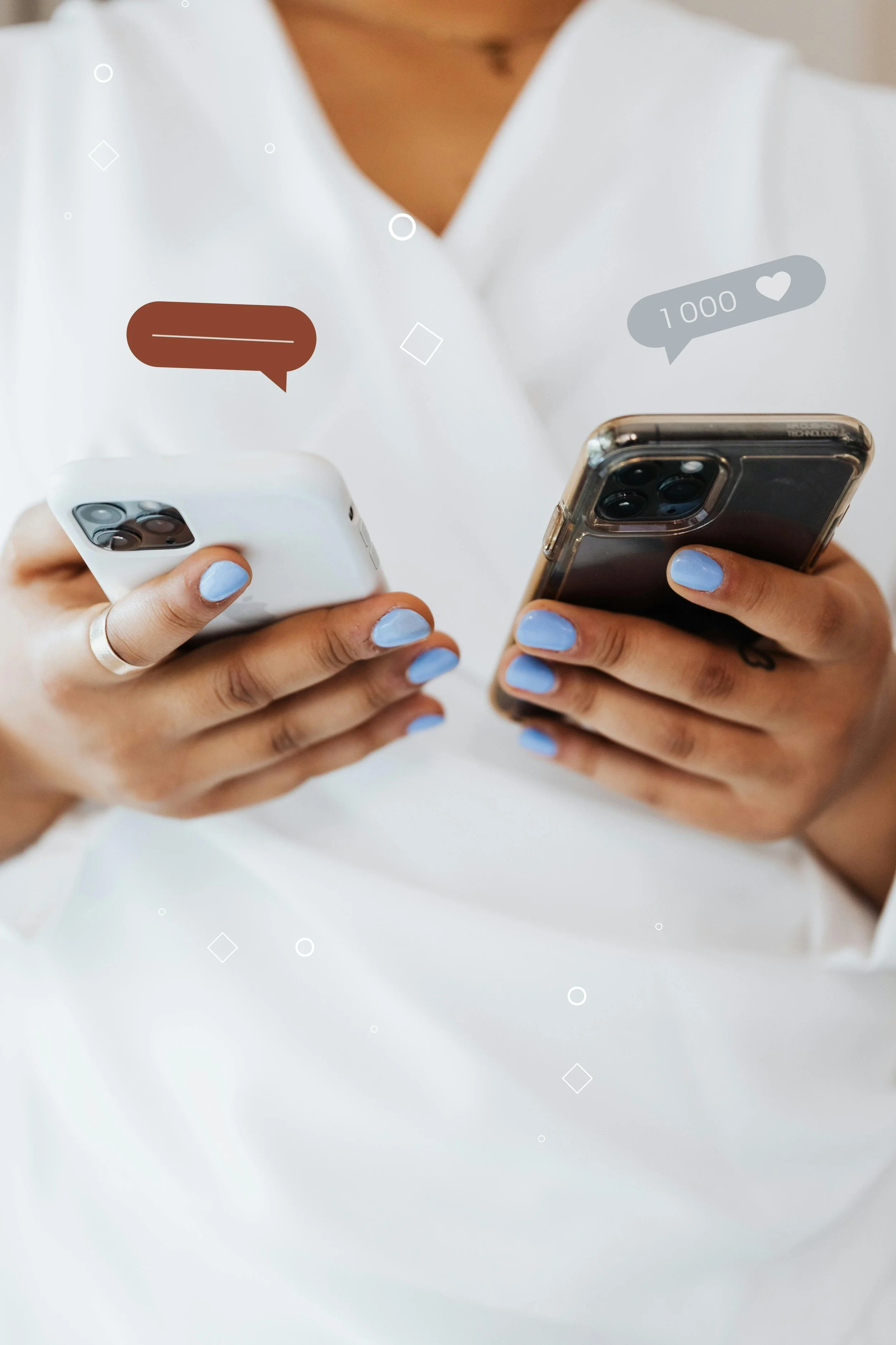 A person holding two smartphones, with social media notifications and comment bubbles visually overlaid on the image.