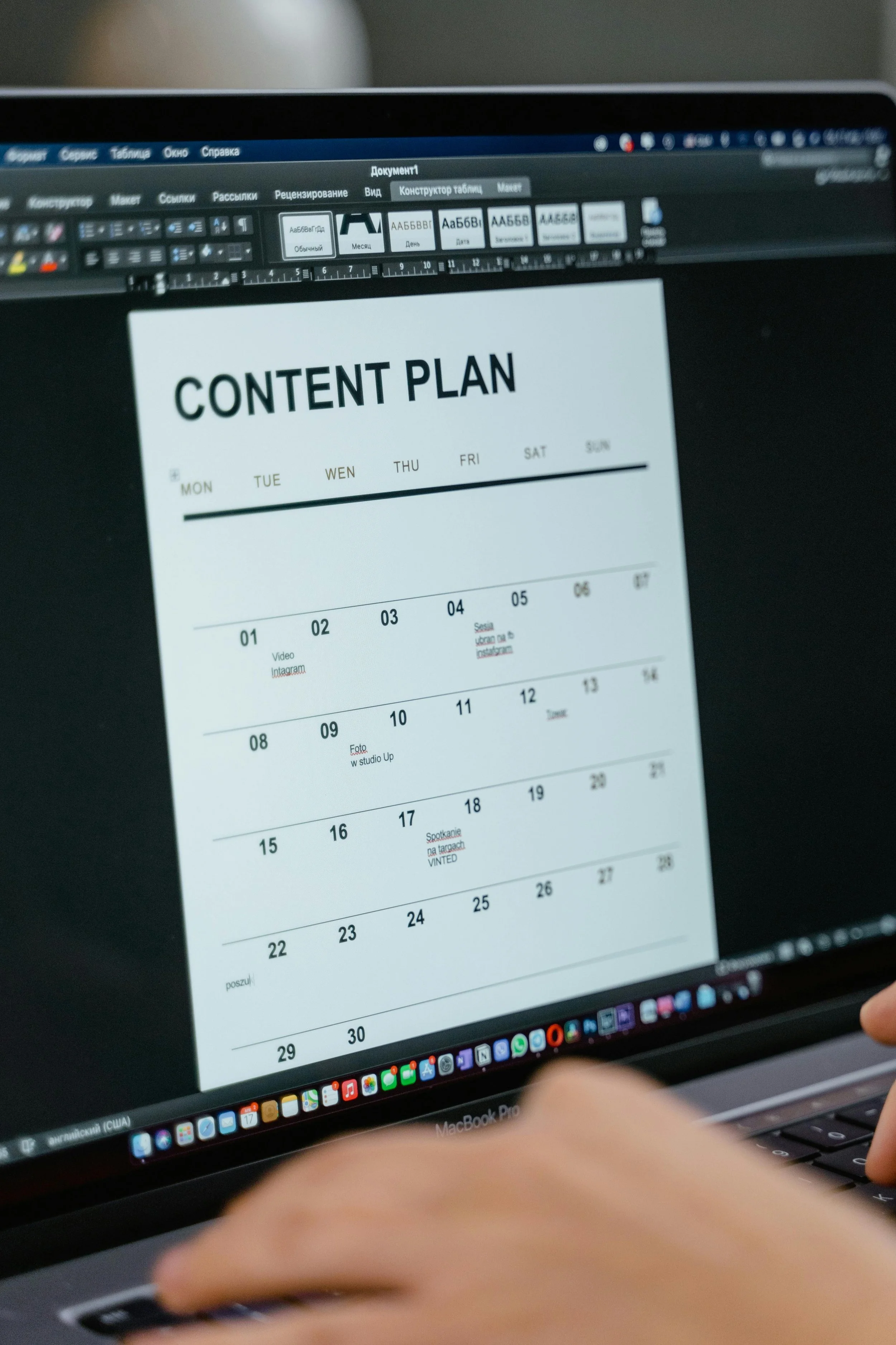 A computer screen displaying a calendar titled 'Content Plan' with the week from the 1st to the 30th, including scheduled posts about videos, Instagram, and studio updates.