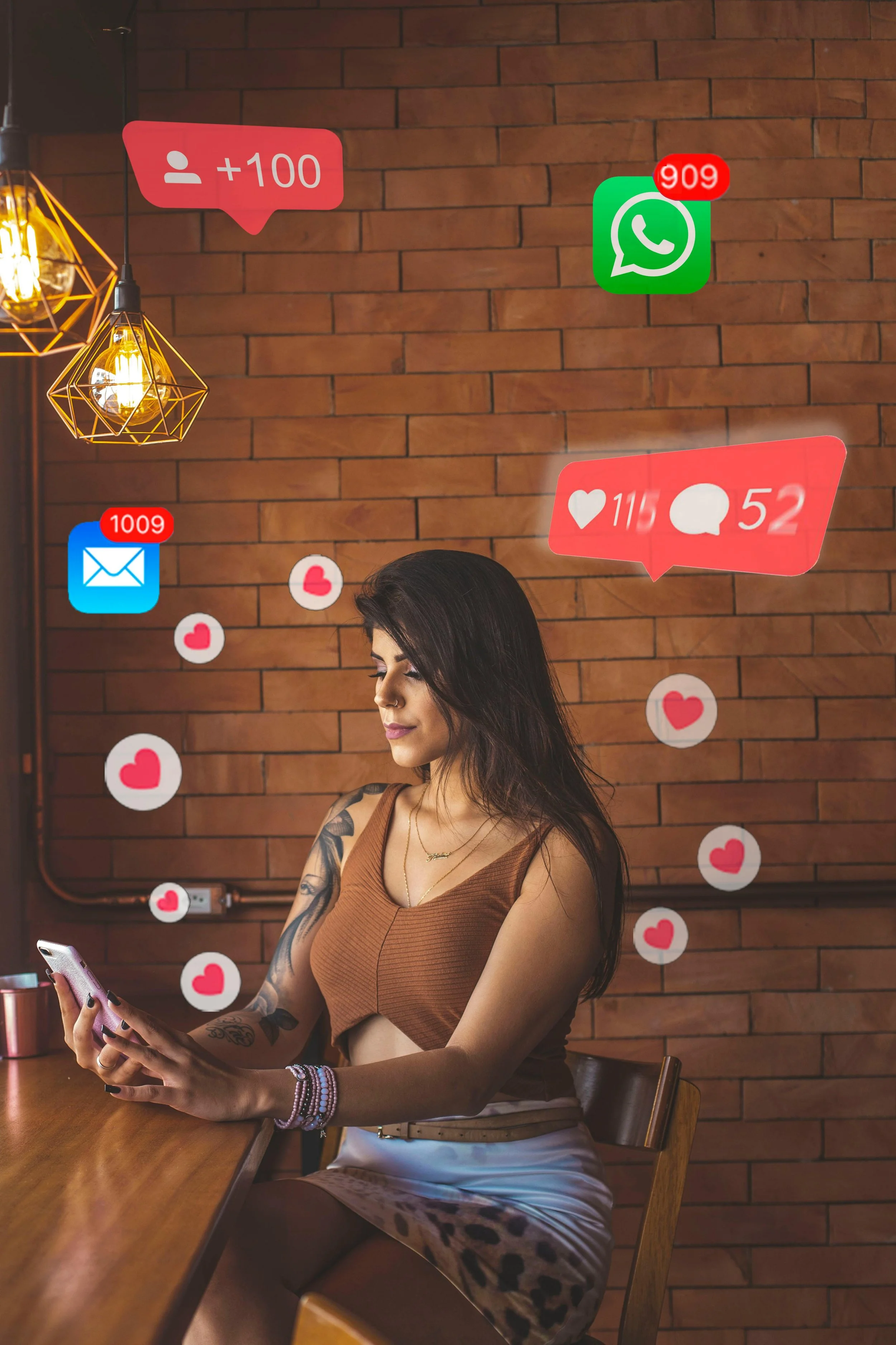 Young woman sitting at a wooden table, using her smartphone, surrounded by social media notification overlays, inside a warmly lit room with a brick wall and pendant lights.