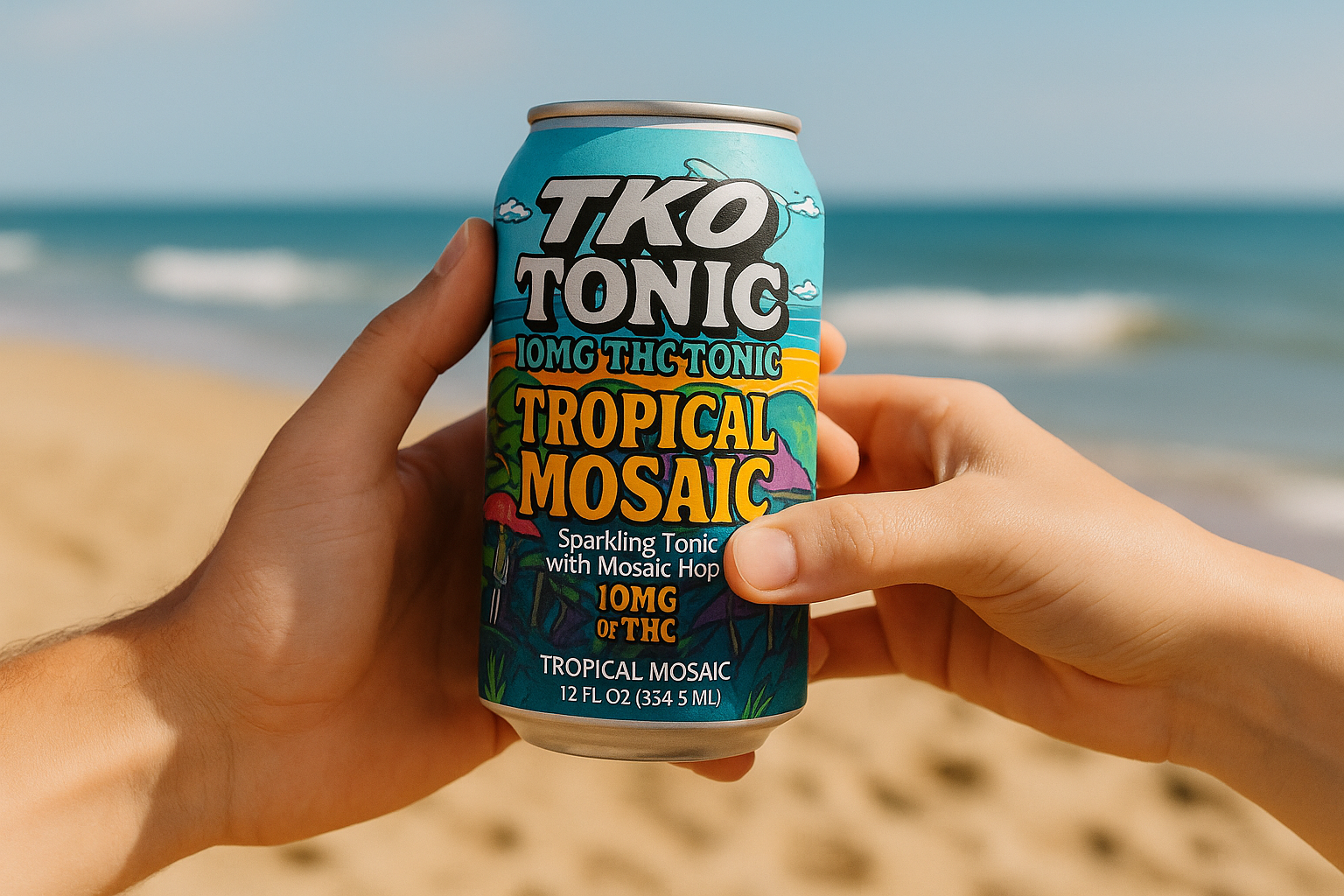 Person holding a colorful can of TKO Tonic Tropical Mosaic soda with a beach and ocean in the background.