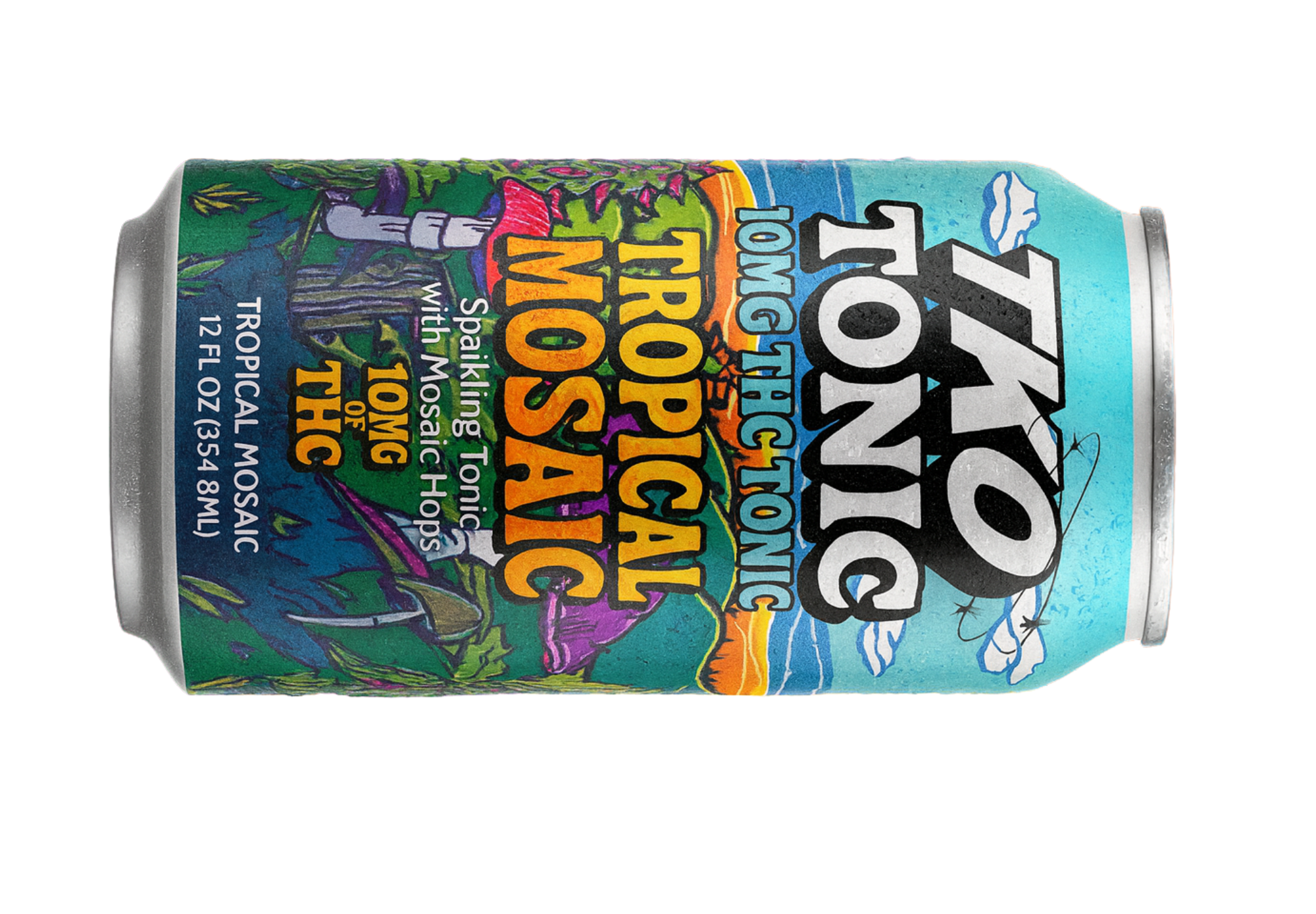 A can of TKO Tonic sparkling tonic water with tropical mosaic hops flavor, featuring colorful artwork of a tropical landscape.