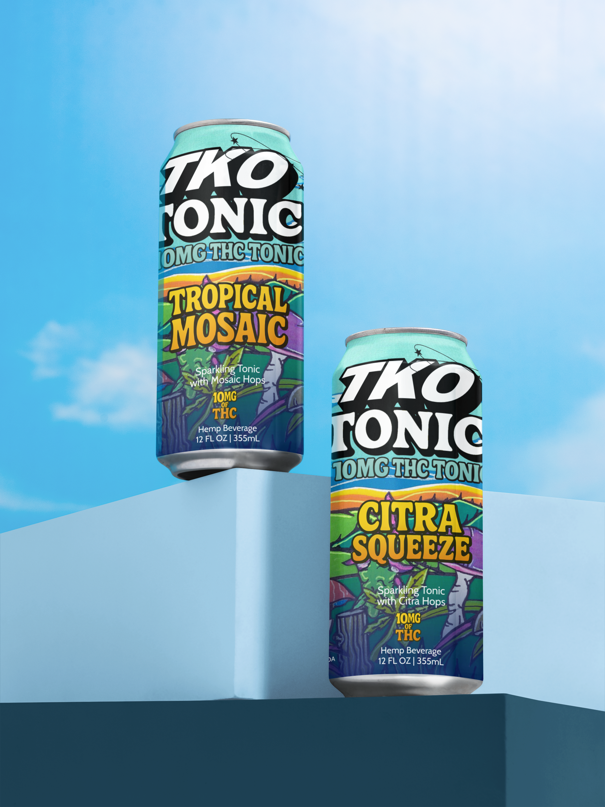 Two cans of THC-infused tonic beverages, one labeled Tropical Mosaic and the other Citra Squeeze, are displayed outdoors against a blue sky.