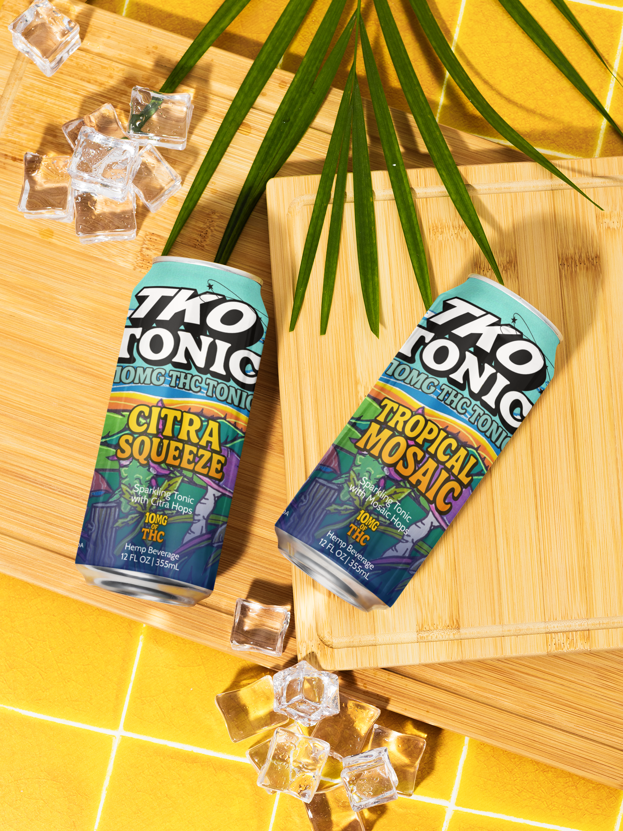 Two cans of THC tonic drinks with tropical flavors, one labeled 'Citra Squeeze' and the other 'Tropical Mosaic,' placed on a wooden surface with ice cubes, green leaves, and a yellow towel nearby.