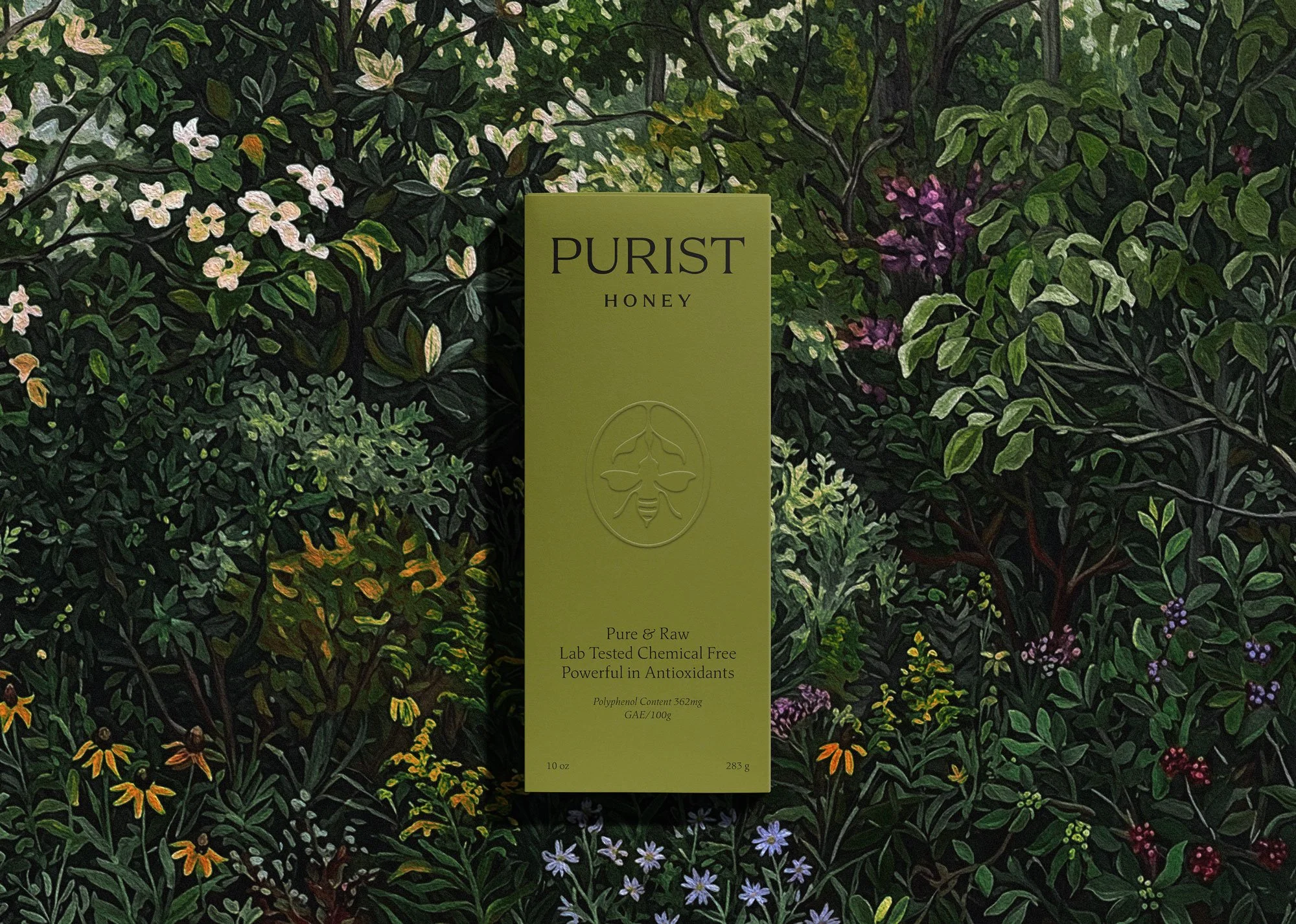 Purist Honey in green box packaging on a painted forest background