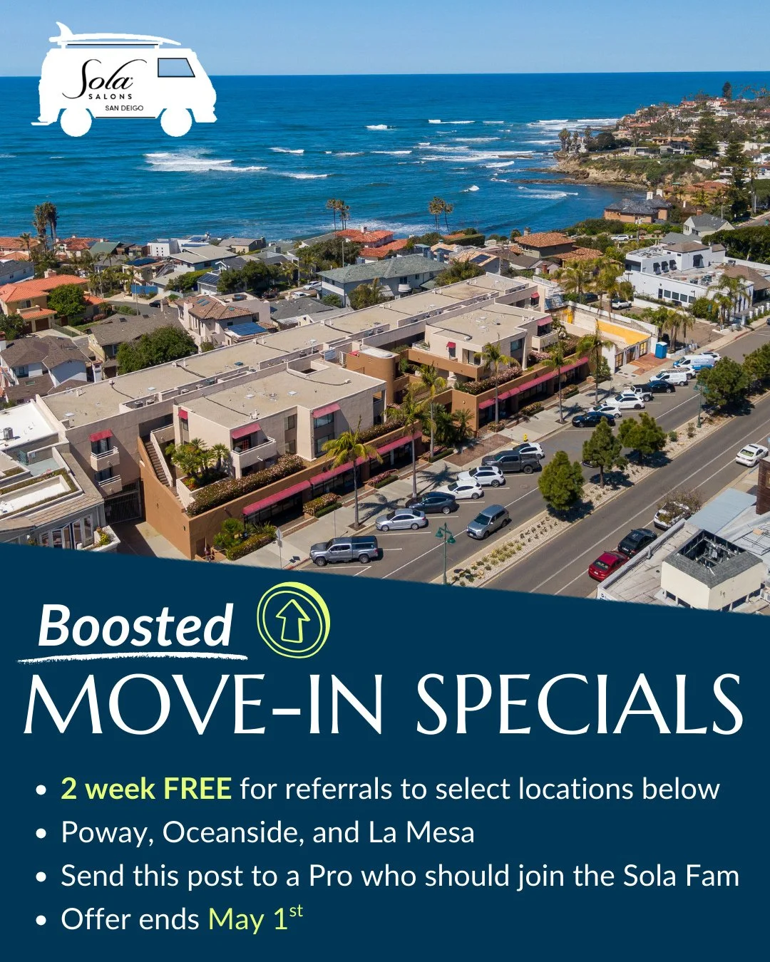 Exciting news for our New and OG Sola SD Pros! 🤩 We're BOOSTING ⬆️ the move-in offers at select locations (Swipe to see)! 🎉 Plus, we&rsquo;re doubling your referral bonus to these locations from 1 to 2 free weeks! 💰️⁠
⁠
Tag/Send to a beauty pro fr