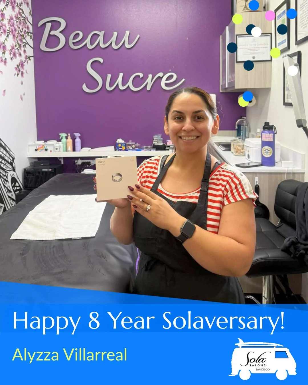 ✨ Celebrating 8 amazing years with Alyzza at our Clairemont location! 🎉 Fitting that she won an Aura Ring from our monthly Trivia! Plus she just got engaged! 💍 Thank you for being apart of the Sola SD Fam for so long and consistently participating 