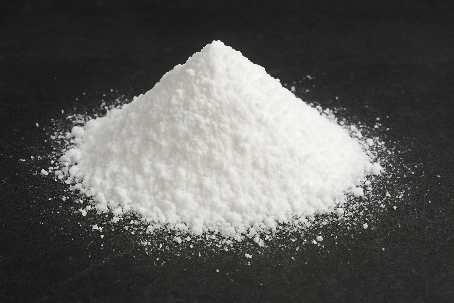 White powdery substance in a small pile on a dark surface.