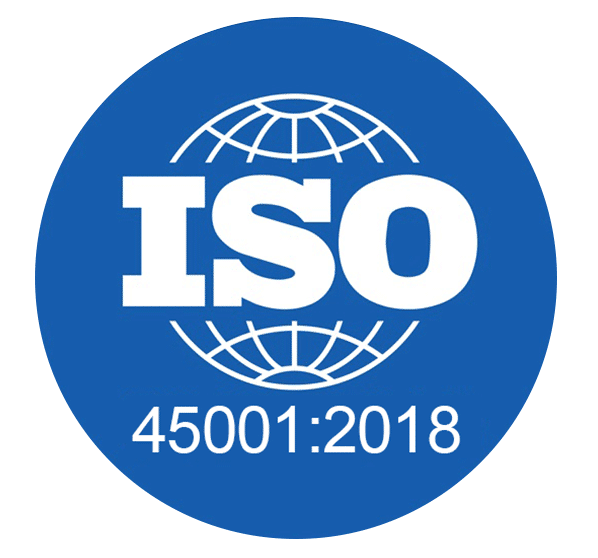 ISO certification logo with a blue background, white globe illustration, and text indicating ISO 45001:2018 standard.