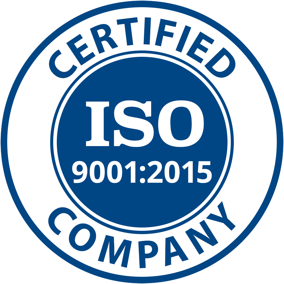 A circular badge with a blue and white design that reads 'Certified ISO 9001:2015 Company.'
