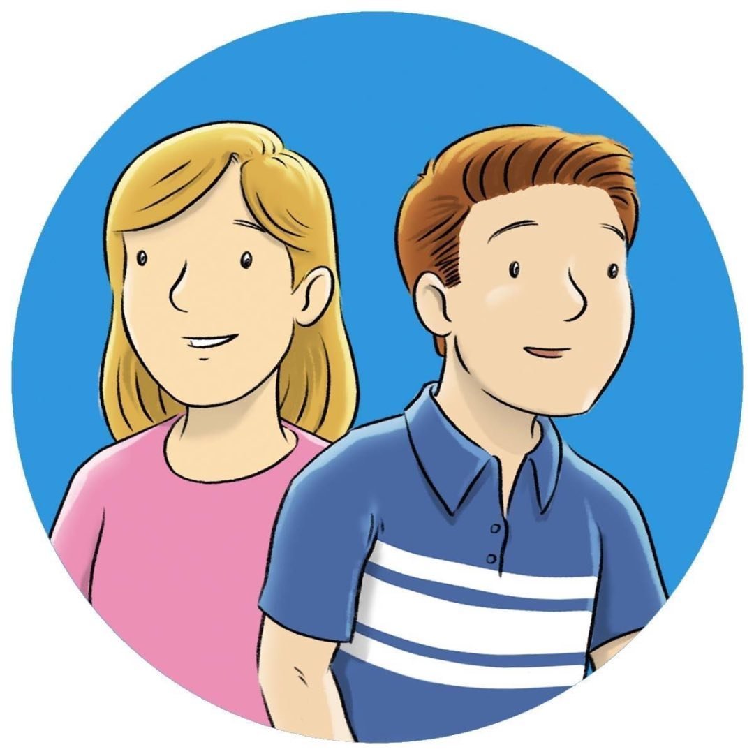 A cartoon illustration of a woman and a man standing side by side against a blue circular background. The woman has blonde hair and is wearing a pink top, while the man has brown hair and is wearing a blue and white striped polo shirt.