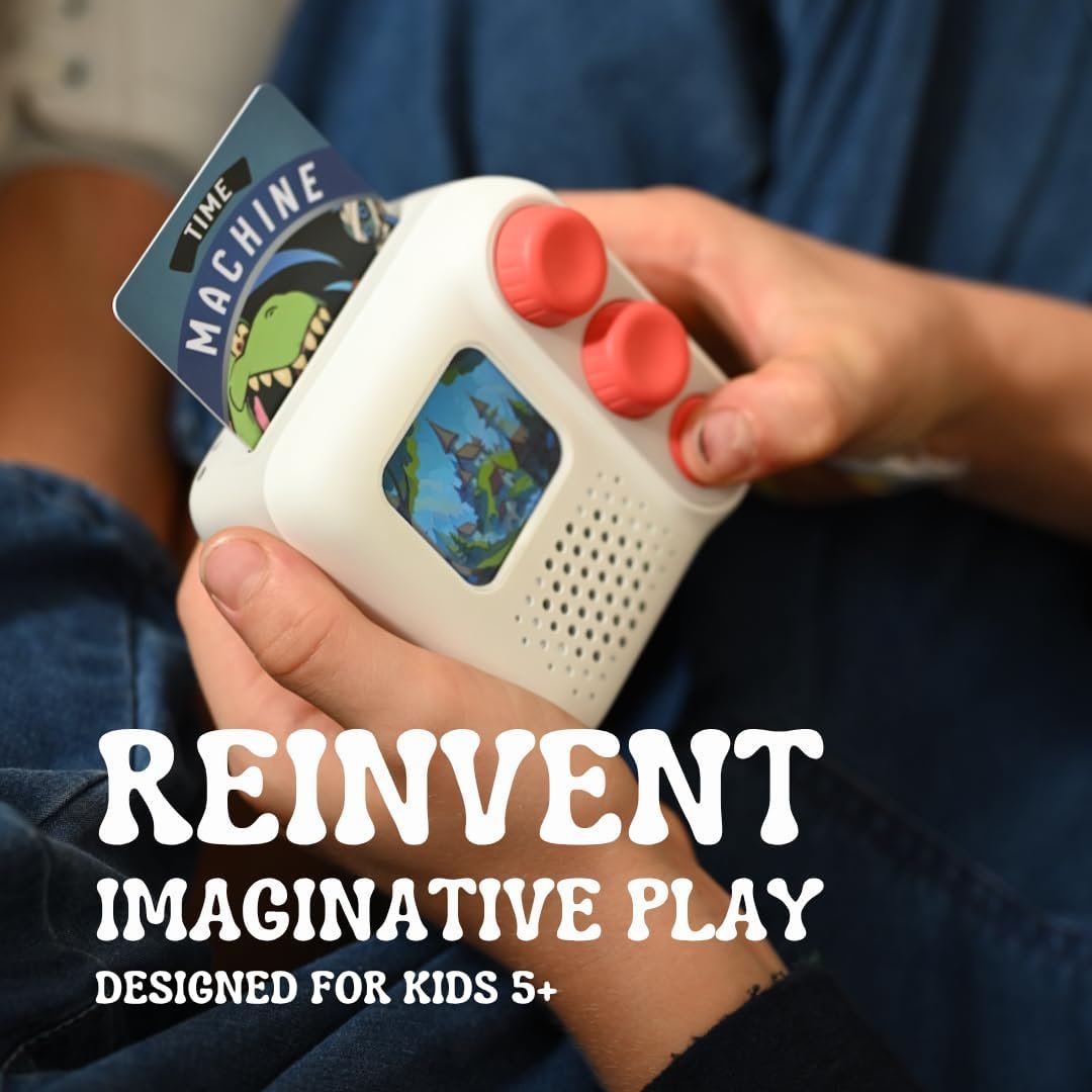 Child holding a white toy with orange buttons and a small screen, showing cartoon graphics, with a card labeled "Time Machine" in the toy.