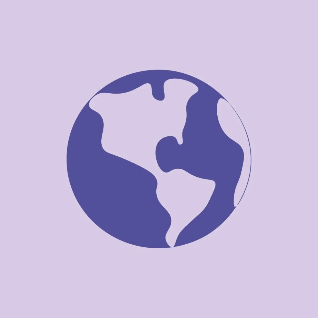 Stylized illustration of Earth with landmasses in purple and ocean in light lavender background.
