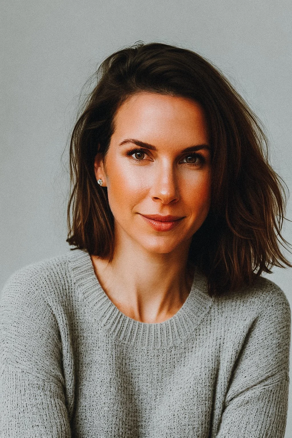 Close-up portrait of a woman with shoulder-length brown hair, wearing a light gray sweater, looking at the camera with a slight smile.