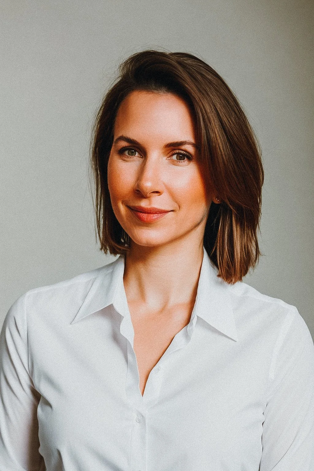 A woman with shoulder-length brown hair, wearing a white button-up shirt, smiling softly against a plain gray background.