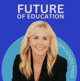 Book cover titled 'Future of Education' featuring a smiling blonde woman in a black blazer, with a blue background.