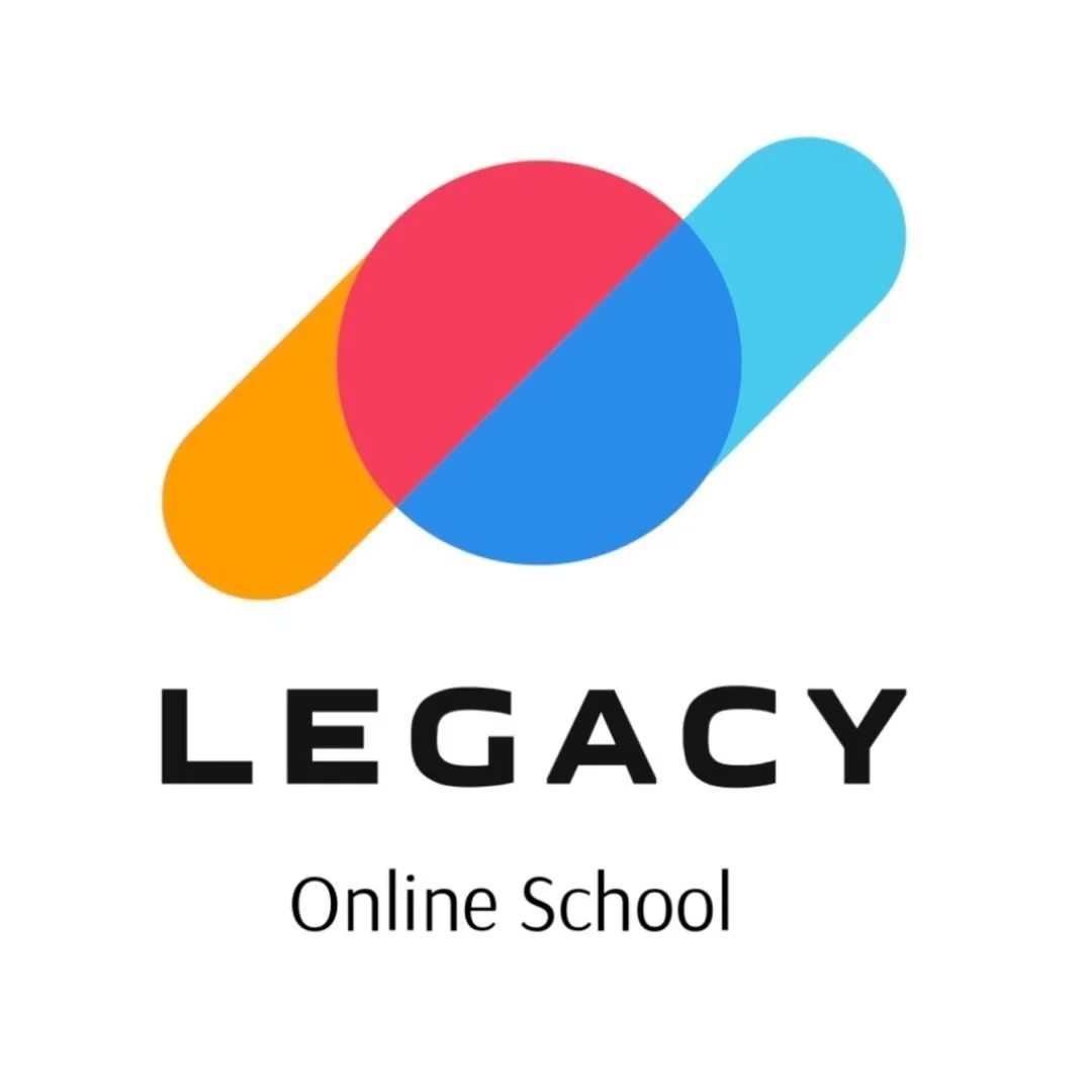 Logo for Legacy Online School with colorful overlapping shapes and bold black text.