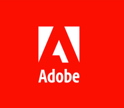 Adobe logo with a red background, white stylized 'A' and the word 'Adobe' below.