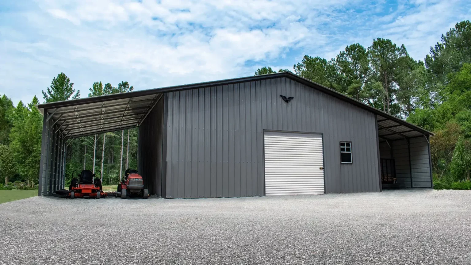 56x30x12/9 Metal Barn with 12' Lean-To - Vertical Roof